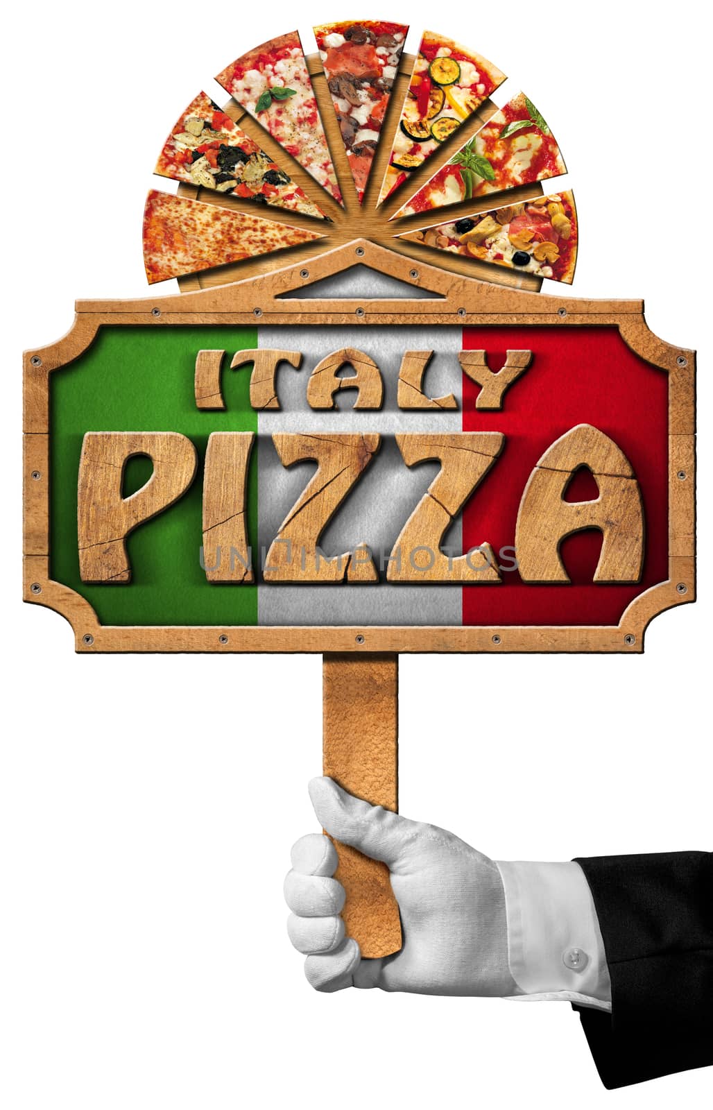 Hand of waiter with white glove holding a pole with wooden sign with frame and text Italy Pizza, slices of pizza on cutting board. Isolated on a white background
