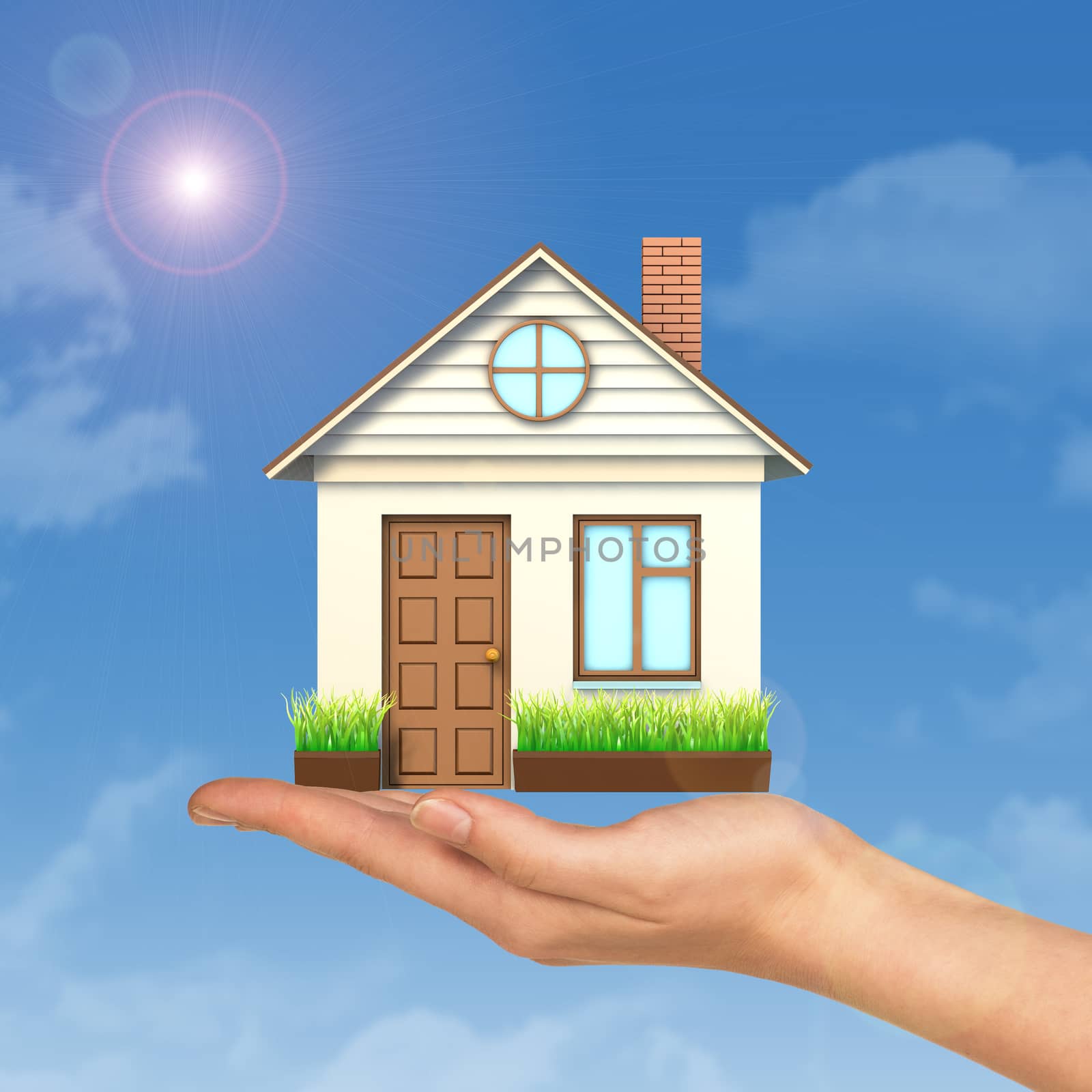 House on businesswomans hand on blue sky background 