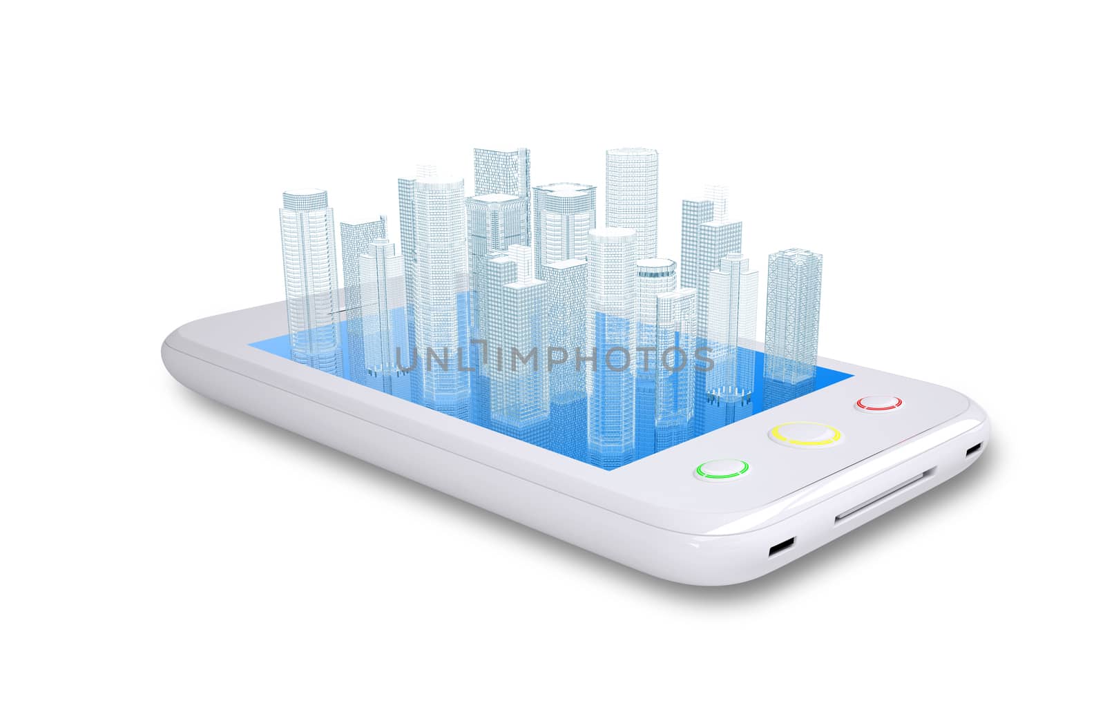 Smartphone with virtual cityscape on isolated white background