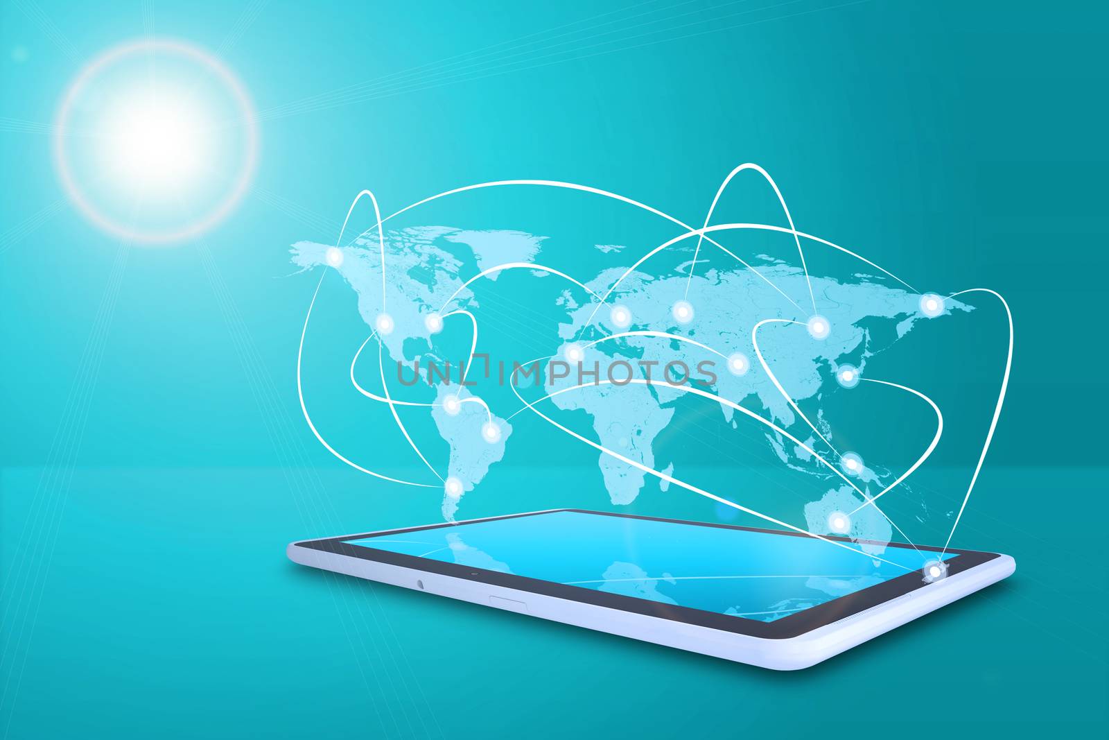 Tablet with virtual world map and connected lines on blue background