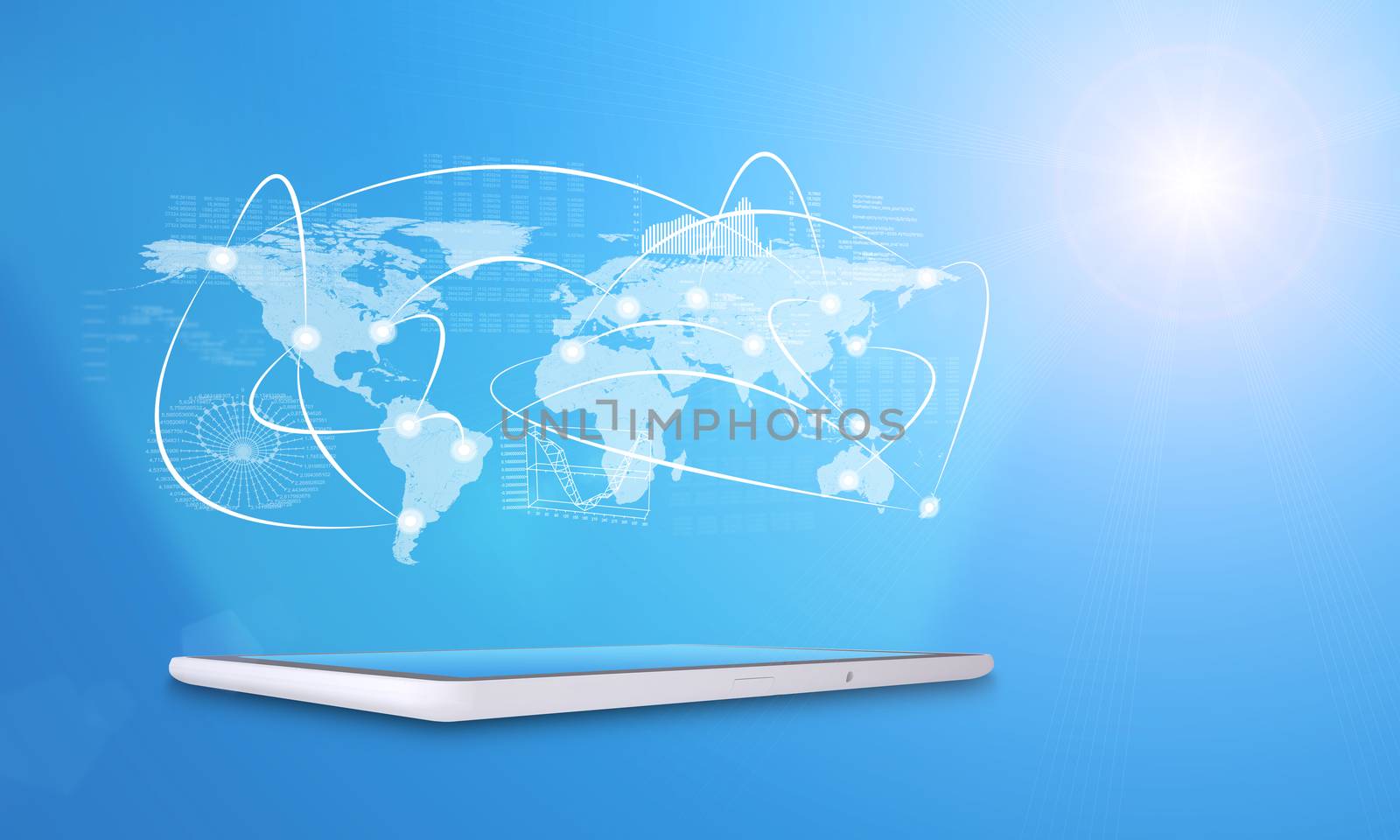 Tablet with virtual world map and graphs by cherezoff