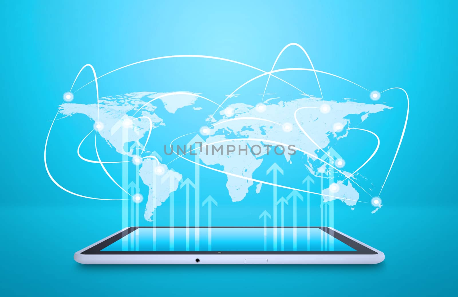 Tablet with virtual world map and connected dots on blue background