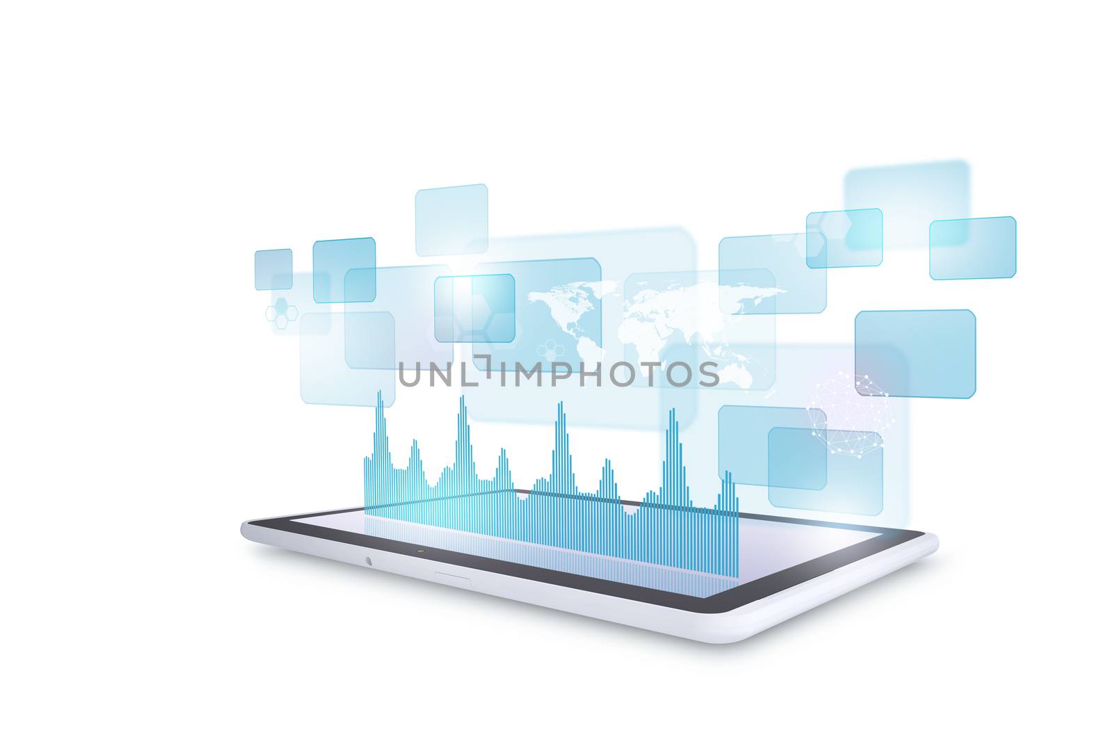 Tablet with virtual graphs on isolated white background