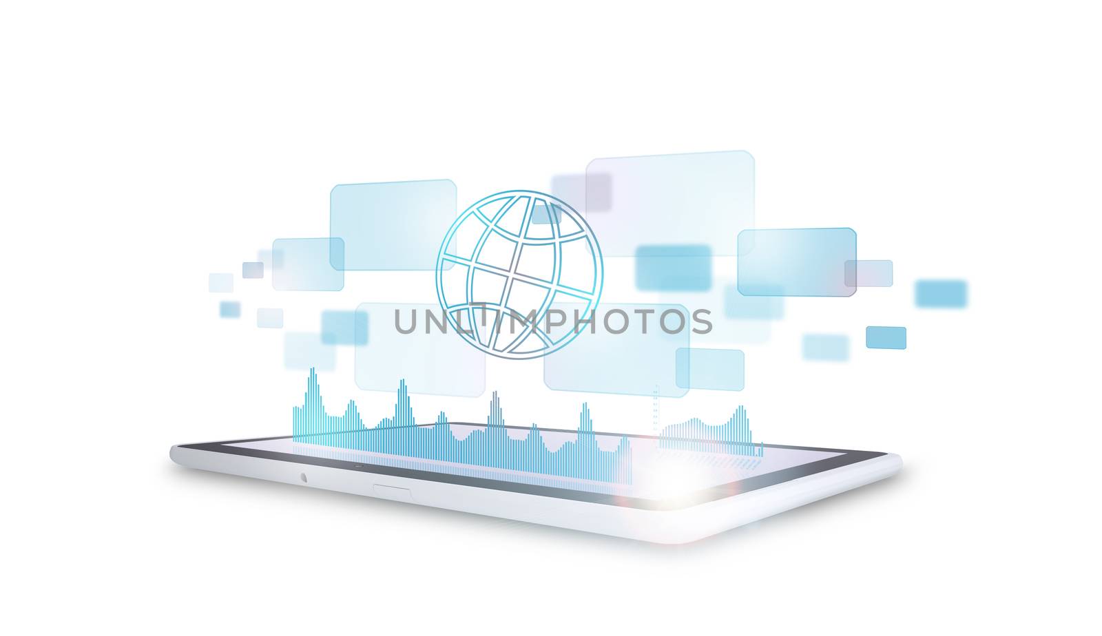 Tablet with virtual graphical charts on isolated white background