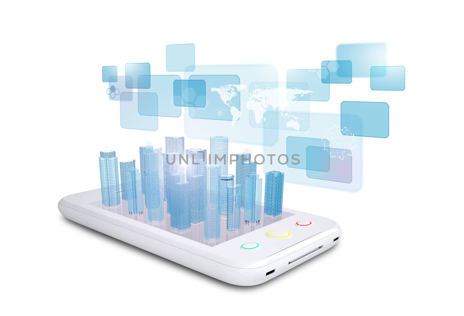 White smartphone with virtual world map by cherezoff