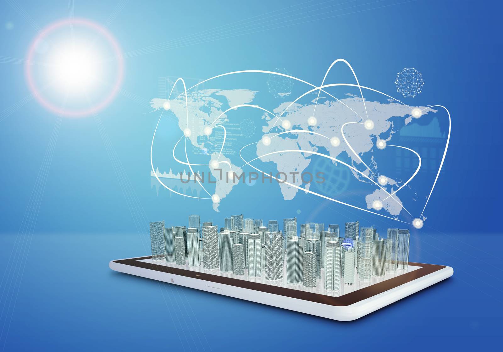 Tablet with virtual cityscape and world map by cherezoff
