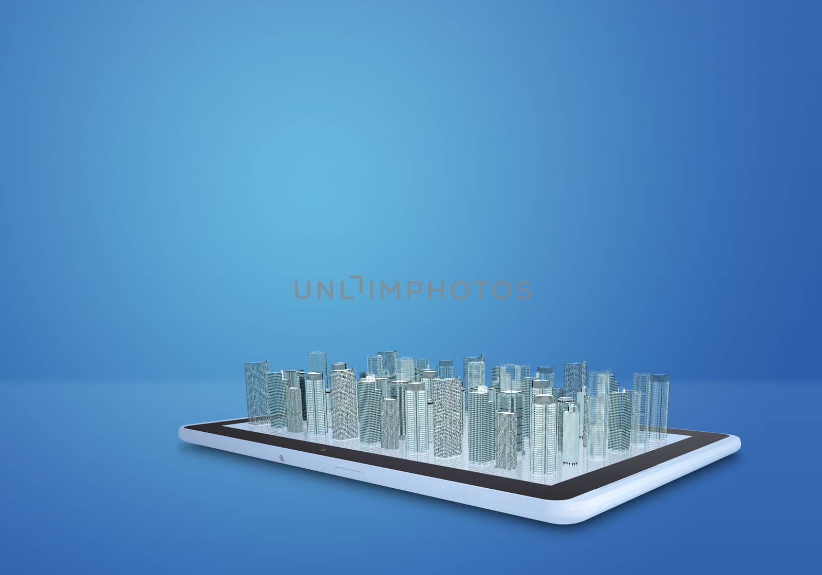 Tablet with virtual cityscape on blue background