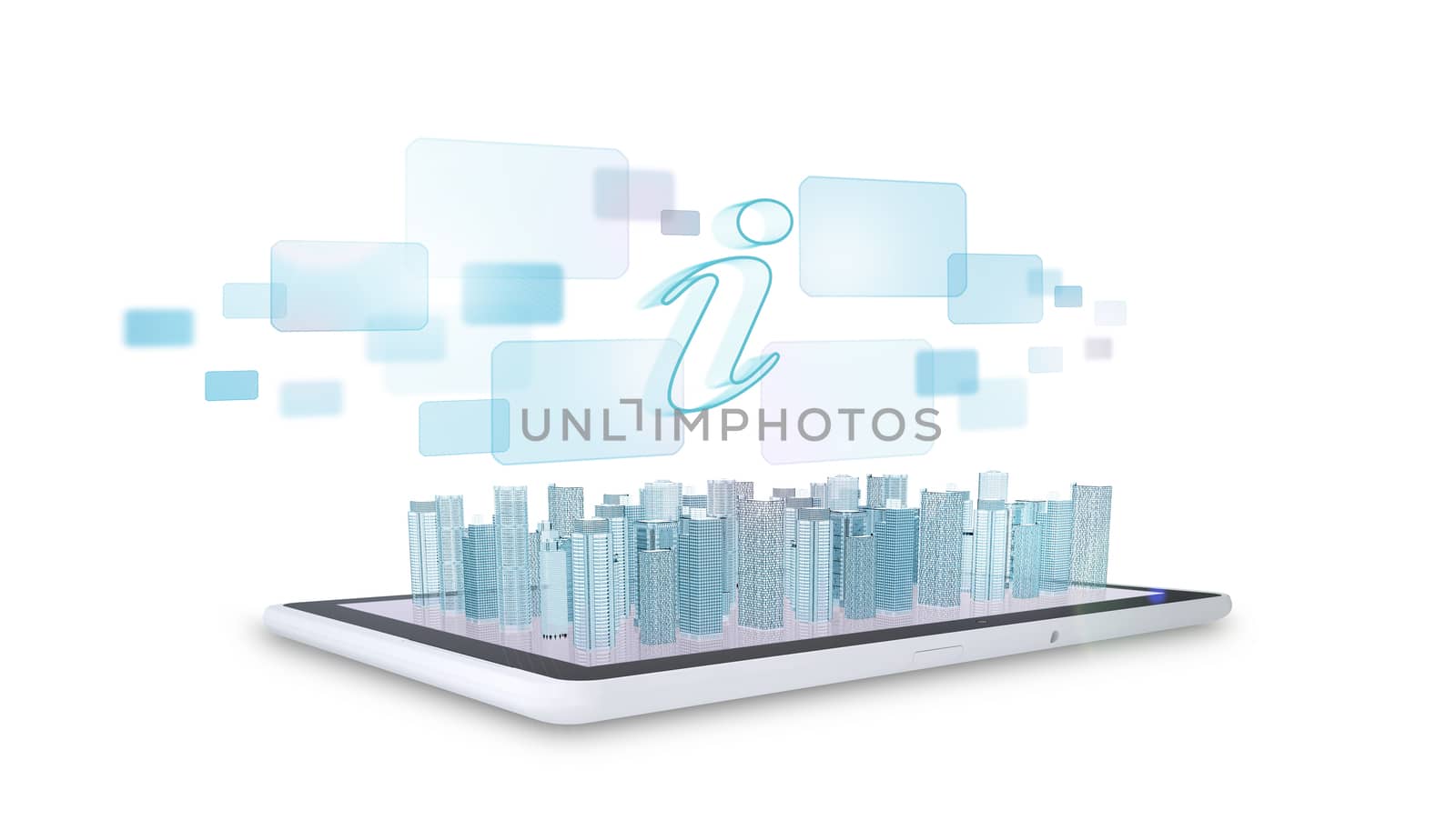 Tablet with virtual cityscape by cherezoff
