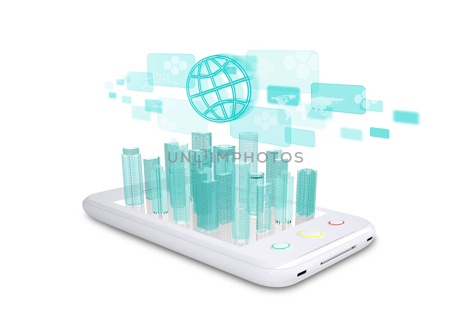 Smartphone with virtual world map, holographic screen and cityscape on isolated white background