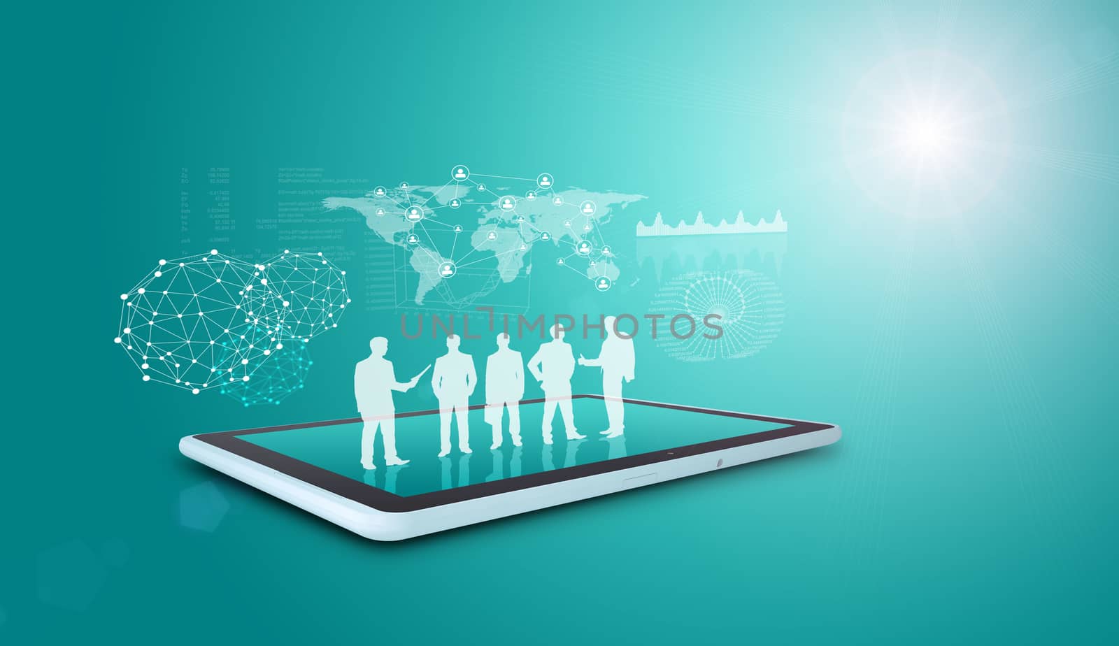 Set of businessmen silhouette on tablet with virtual world map on blue background