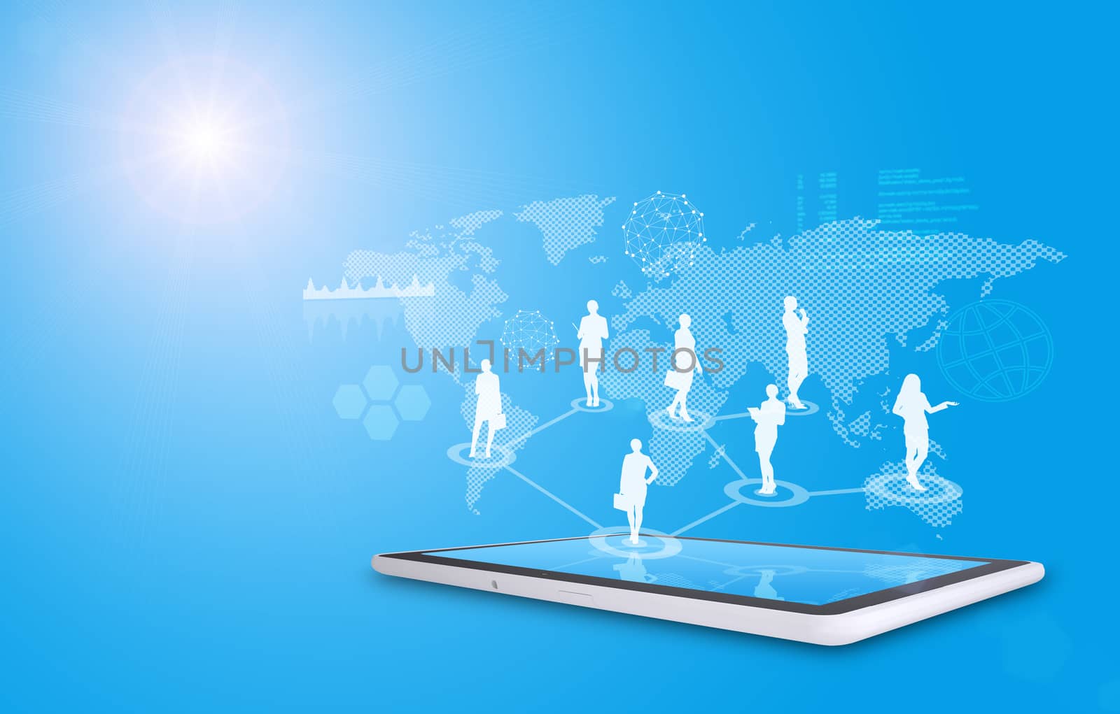 Set of businesswomen silhouette above tablet with virtual world map on blue background
