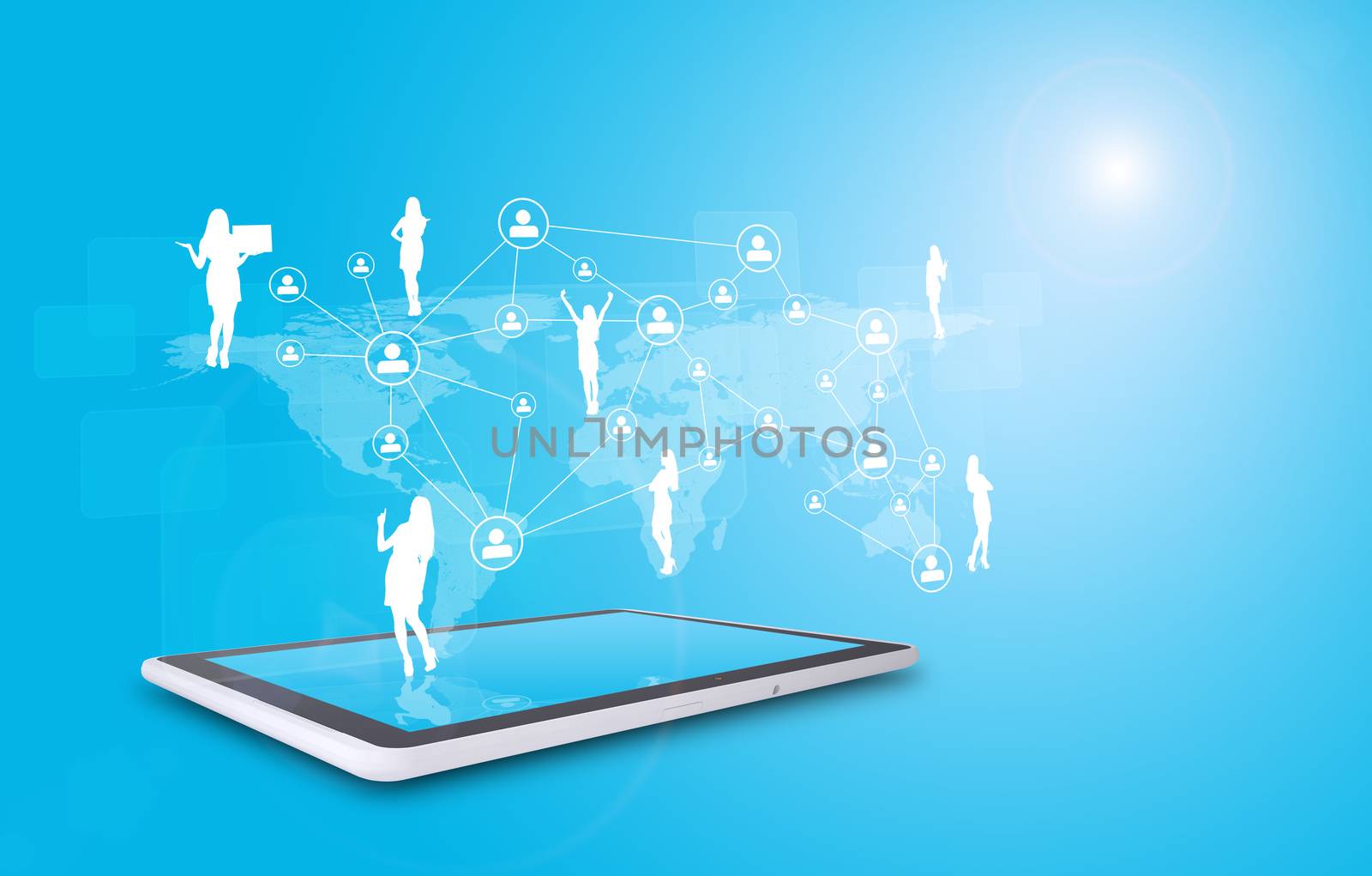 Set of businesswomen silhouette above tablet by cherezoff