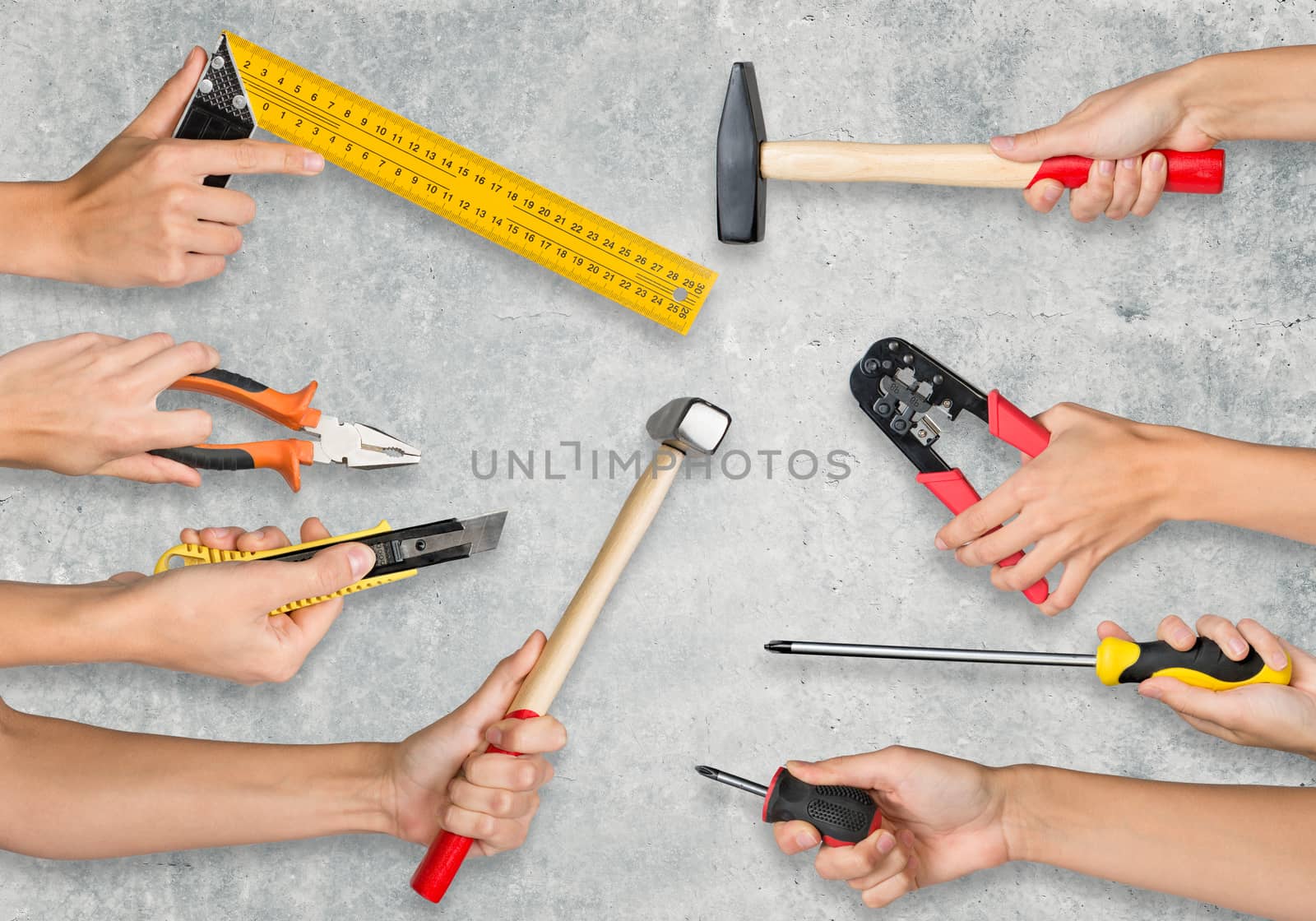 Set of peoples hands holding different tools on grey background