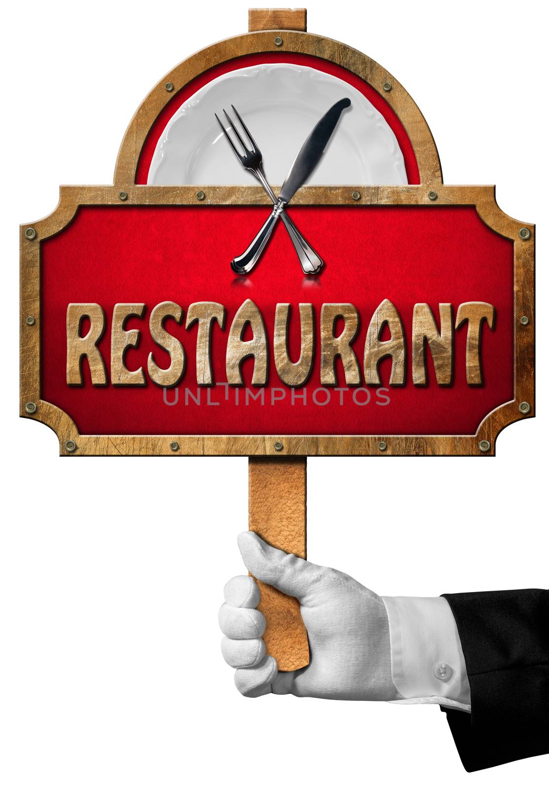 Hand of waiter with white glove holding a pole with sign with empty white plate, silver cutlery and metallic text restaurant. Isolated on white background