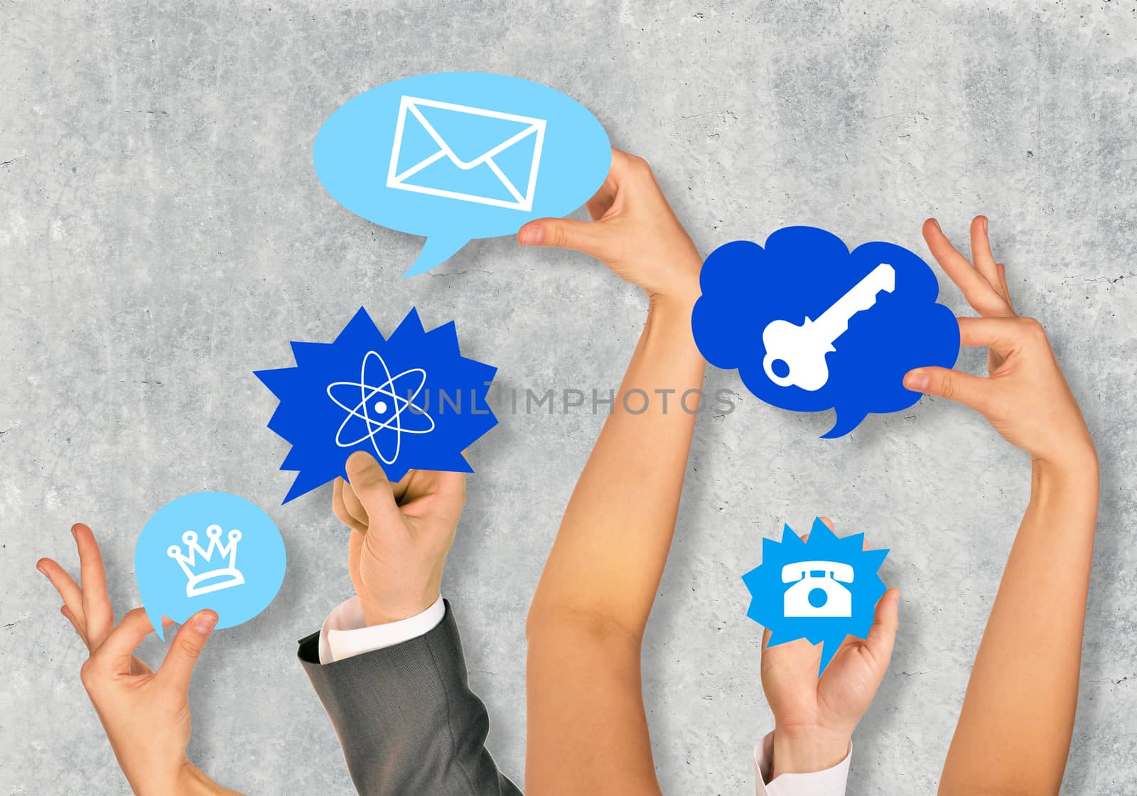 Business people hands holding computer icons on grey background