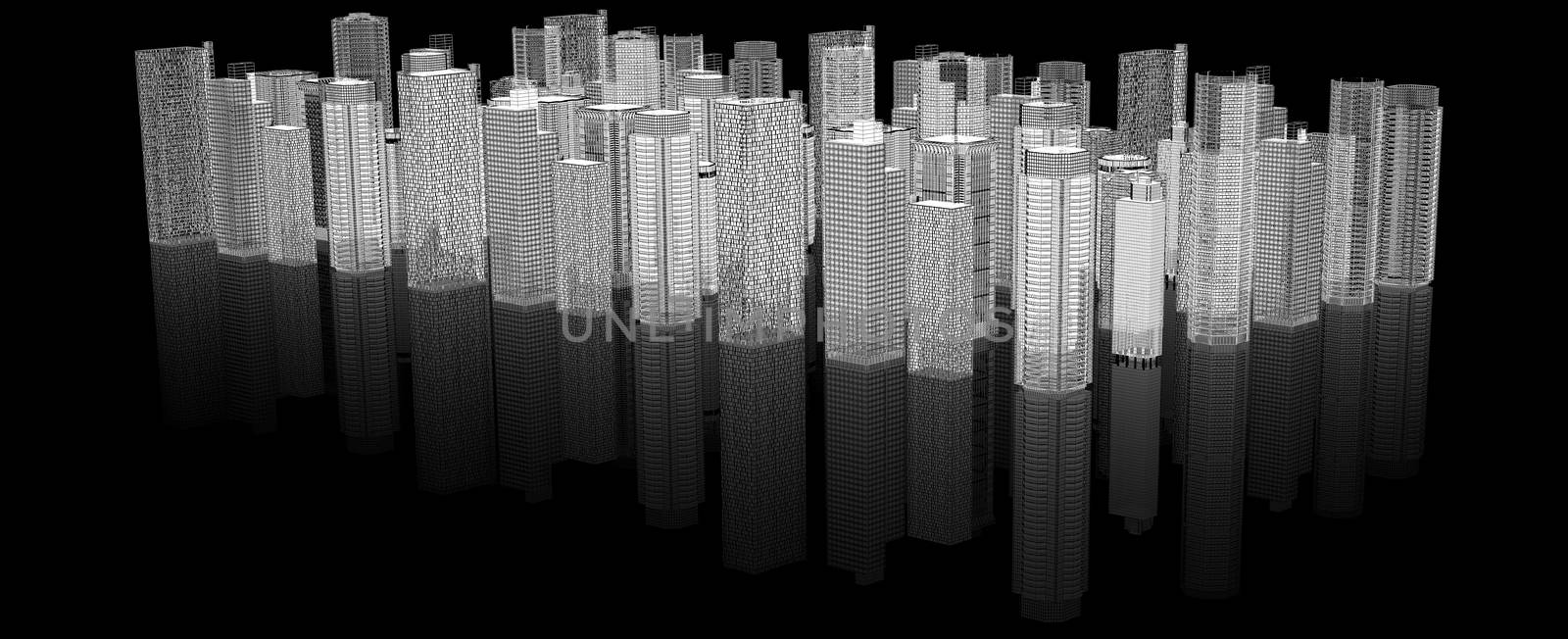 Sketch of 3d cityscape on black background