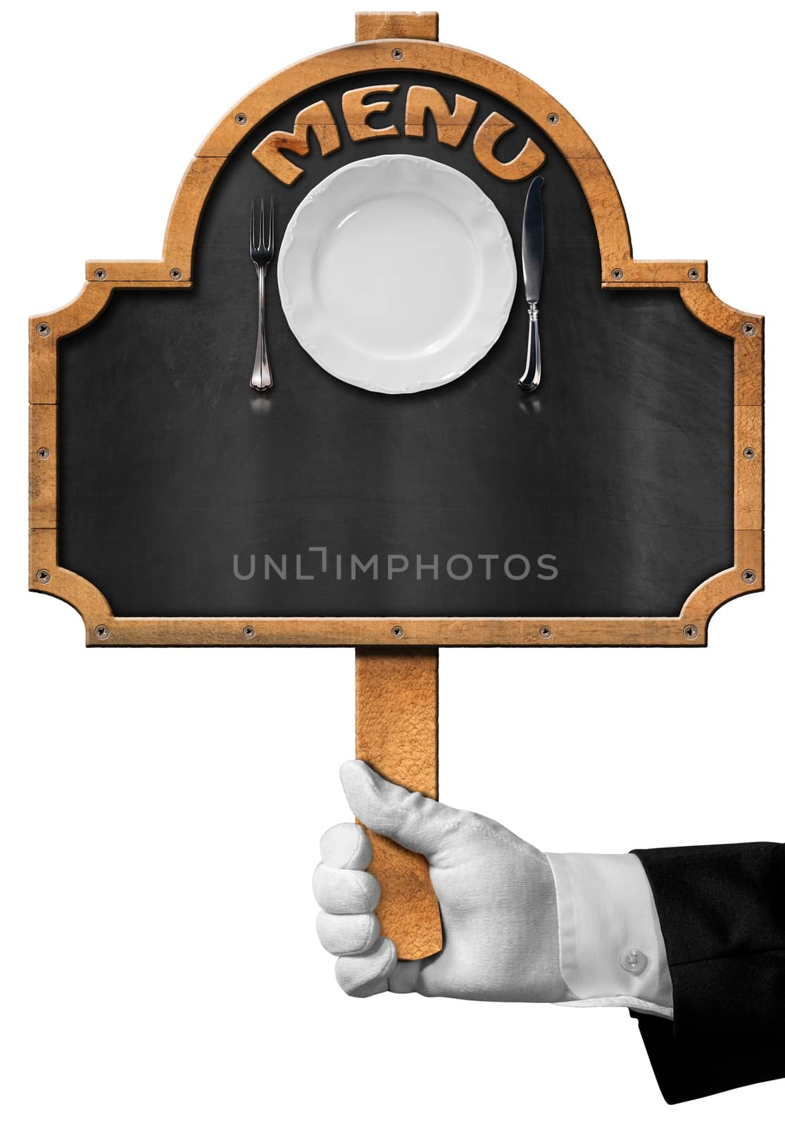 Hand of waiter with white glove holding a pole with empty blackboard, white plate with silver cutlery and text menu. Isolated on a white background
