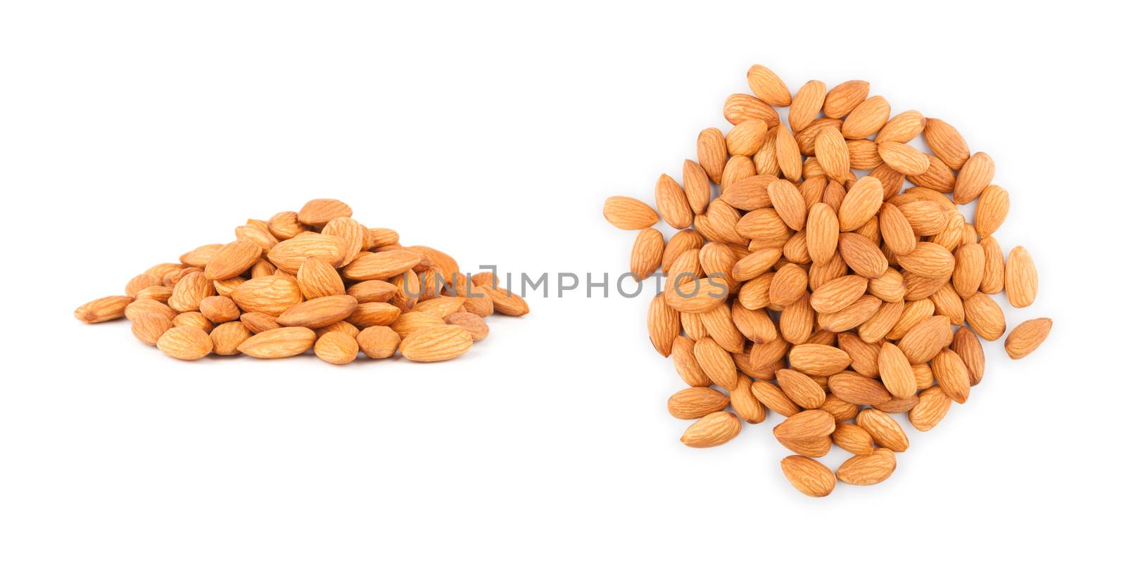 A handful of almonds on white background, side and top view