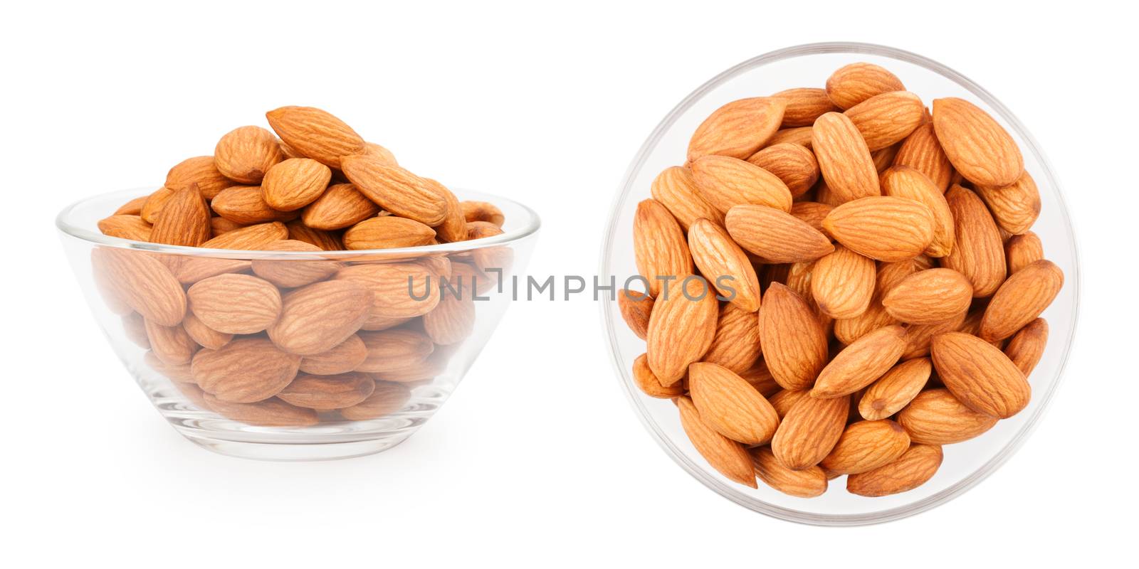Dried almonds in a small glass bowl on white background, side and top view