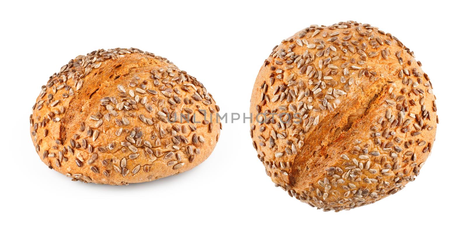 Freshly baked homemade bread on white background, side and top view