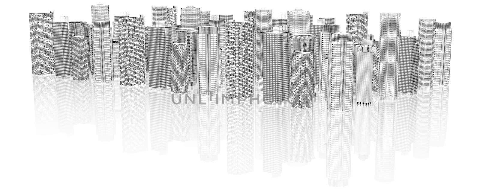 Sketch of 3d cityscape with reflection on isolated white background