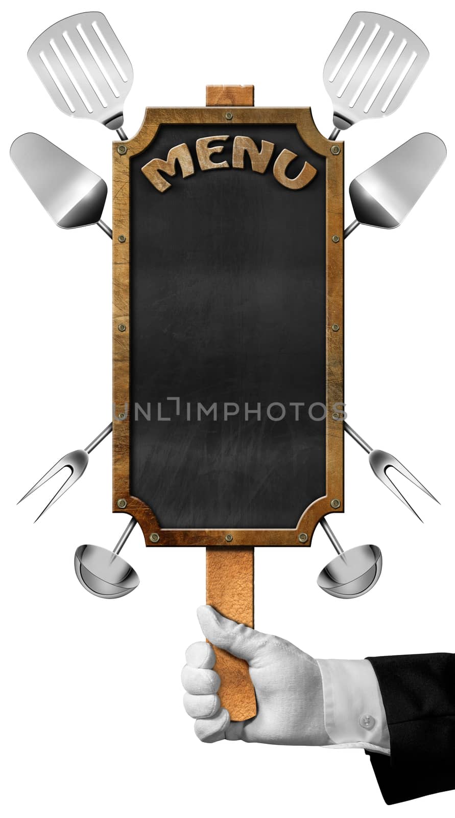 Hand of waiter with white glove holding a pole with empty blackboard with metallic frame, text menu and kitchen utensils. Isolated on a white background