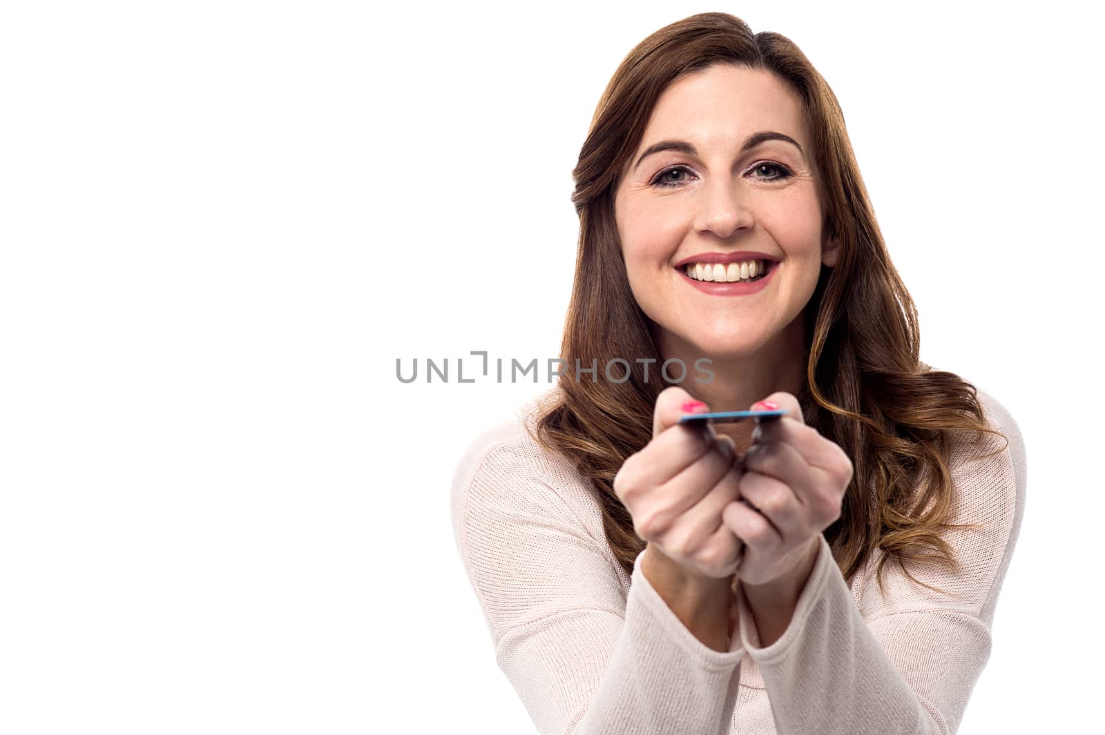 Smiling woman giving her cash card to swipe