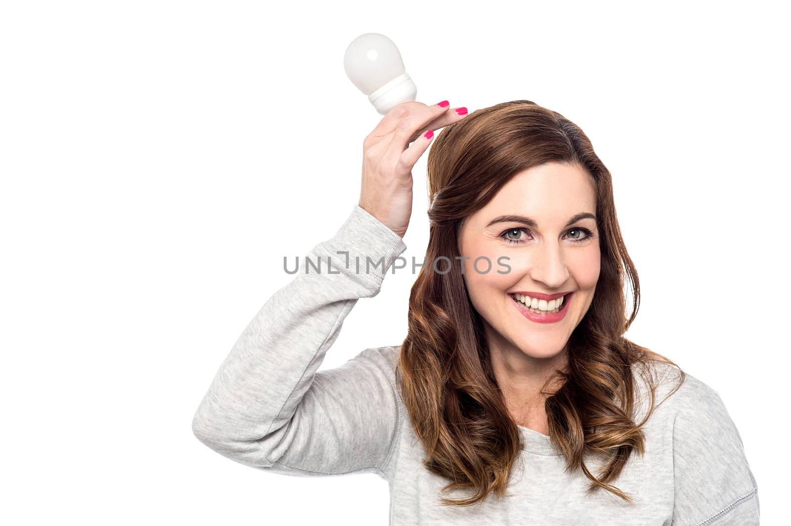 Beautiful woman with bulb over her head