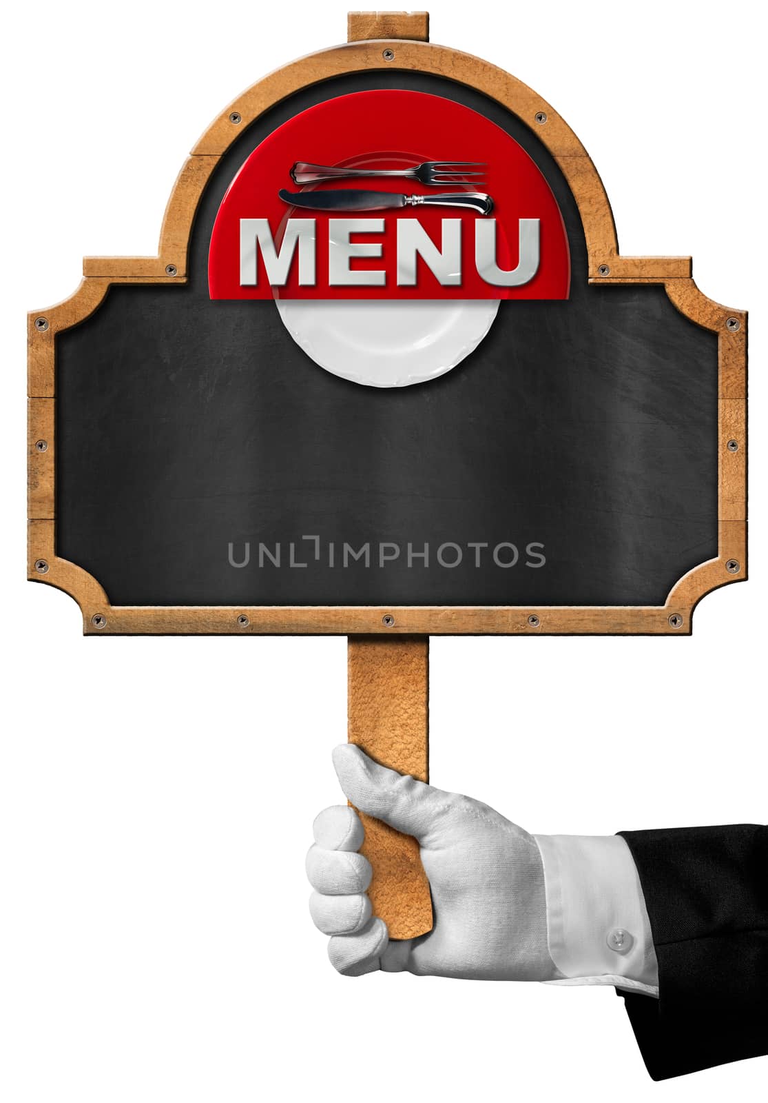 Hand of waiter with white glove holding a pole with empty blackboard, red and white plate with silver cutlery and text menu. Isolated on a white background