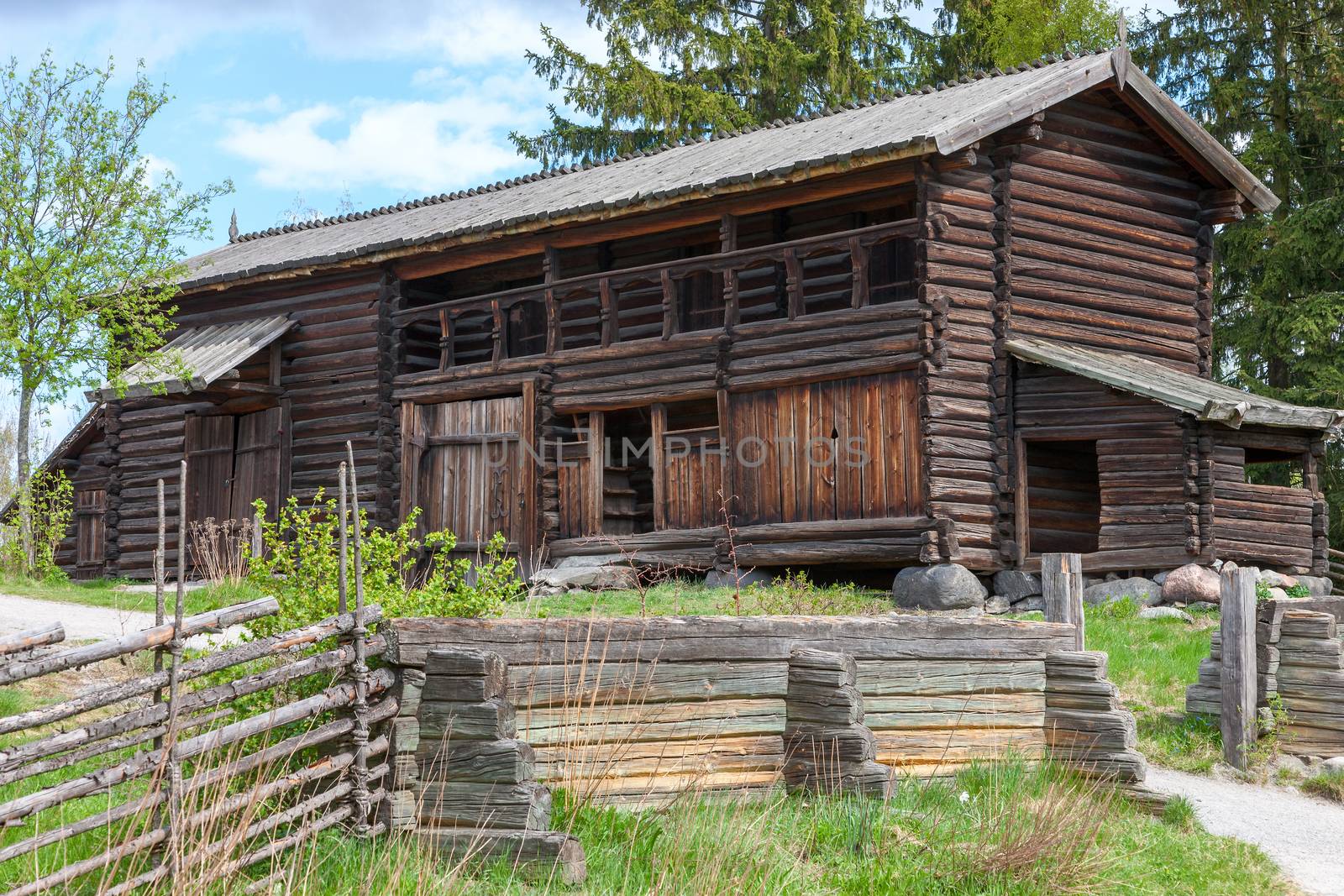 typical swedish wooden house - farmhouse yard in stockholm