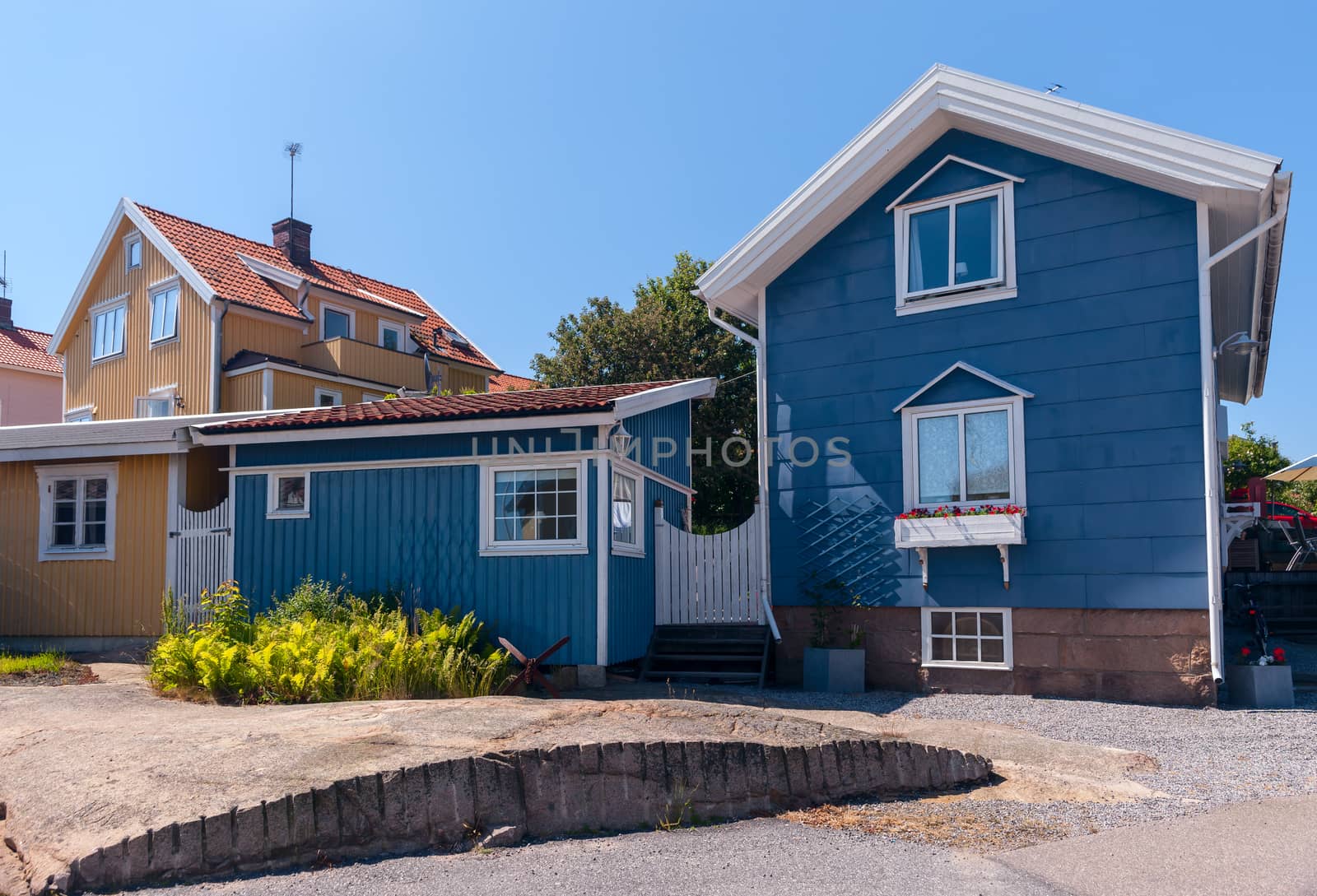 Colourful gables of the wooden sheds. Smogen, Sweden