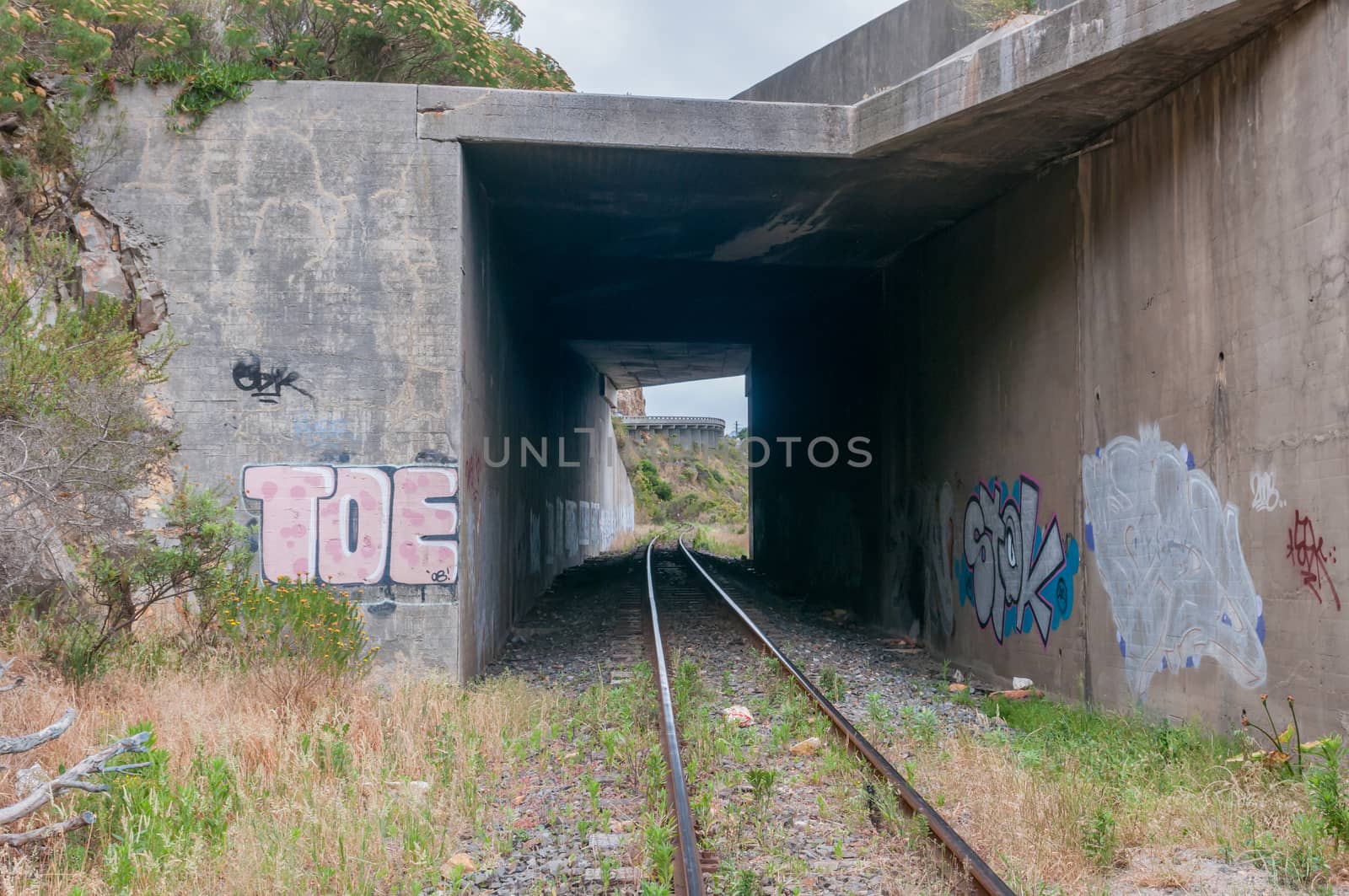 View of the old, unused roalroad in Sir Lowrys Pass in the Hottentots-Holland Mountains near Somerset West. The road pass is visible.