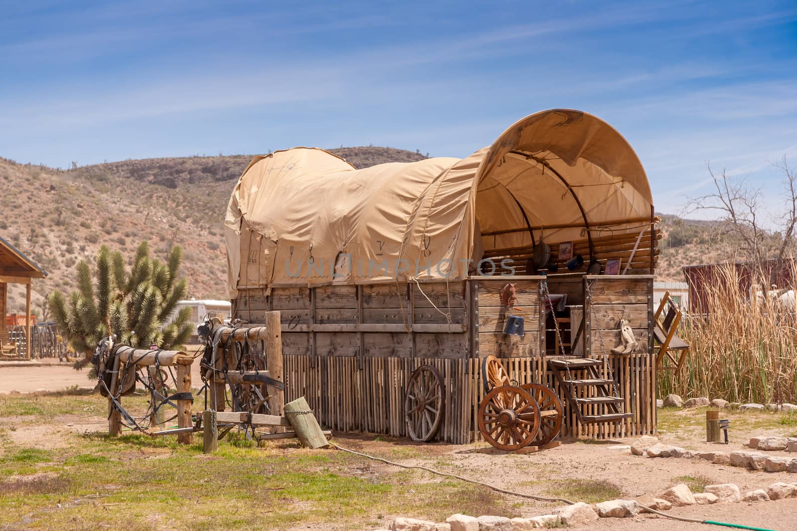 wooden horse barn with blue sky on American ranch. Nevada. USA