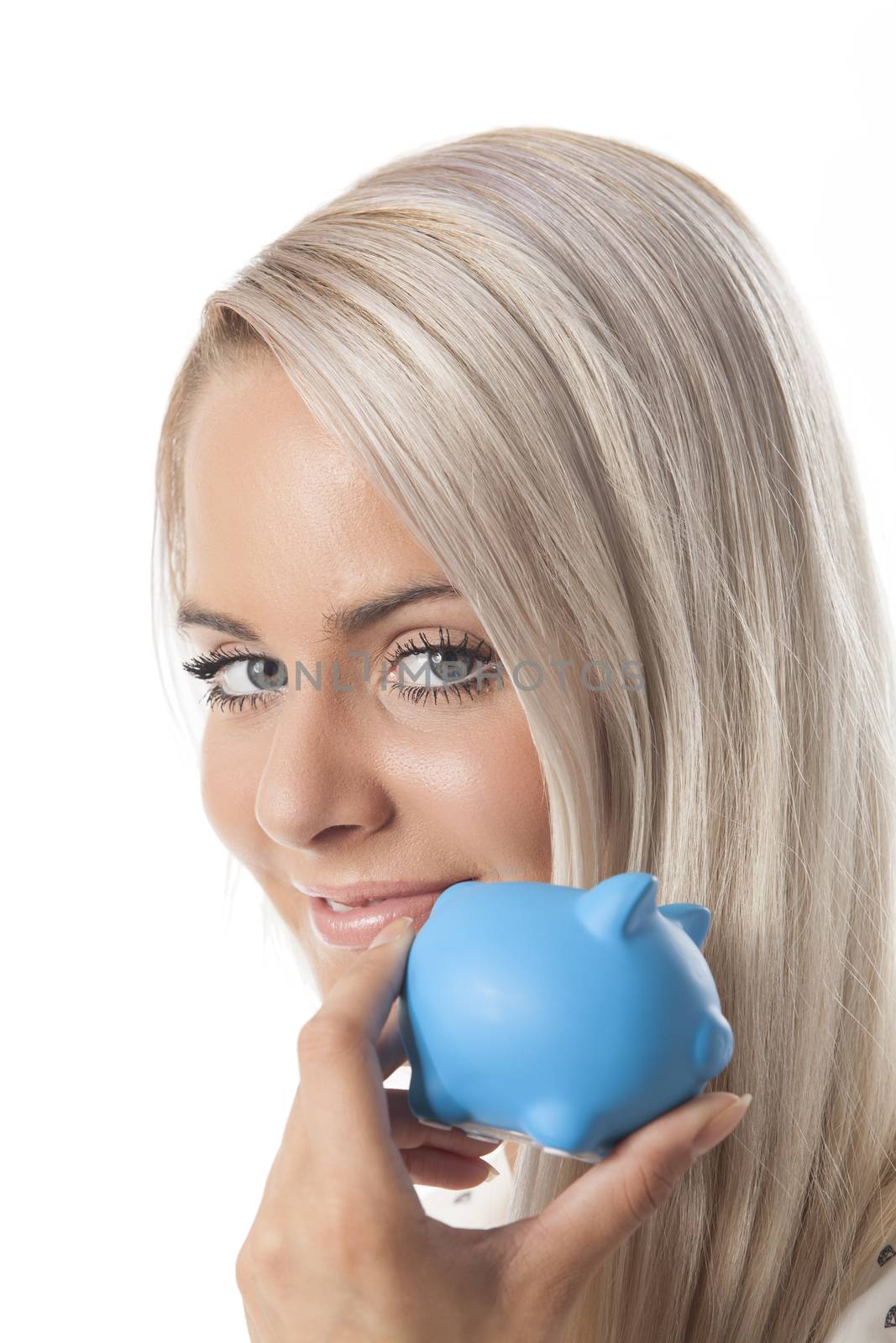 blonde woman with a piggy bank