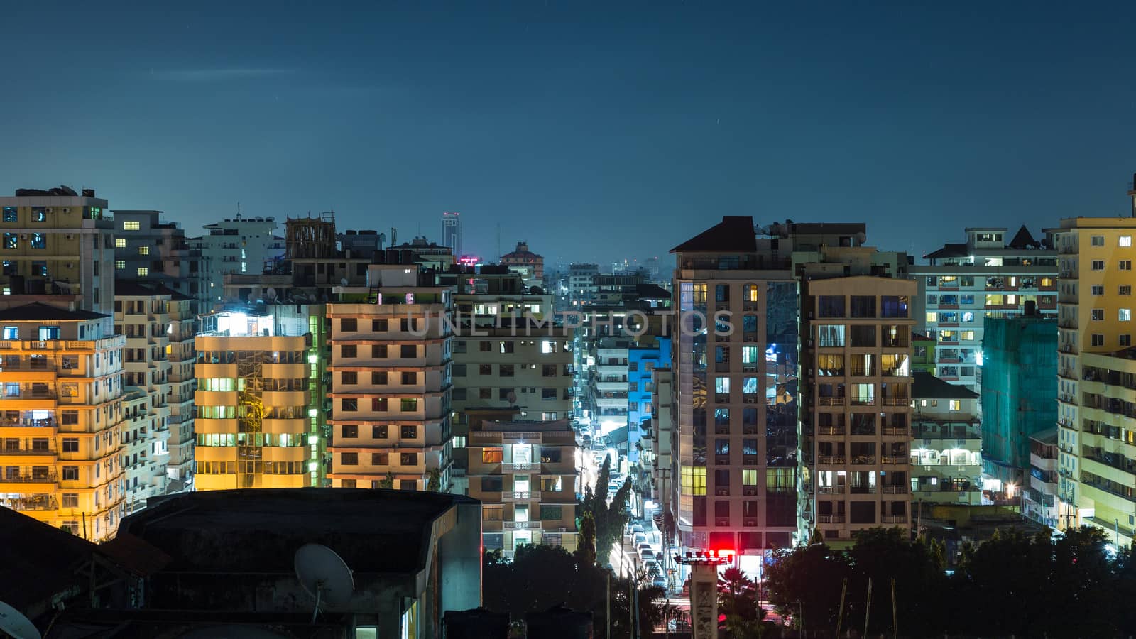 View of the downtown area of the city of Dar Es Salaam, Tanzania, at night