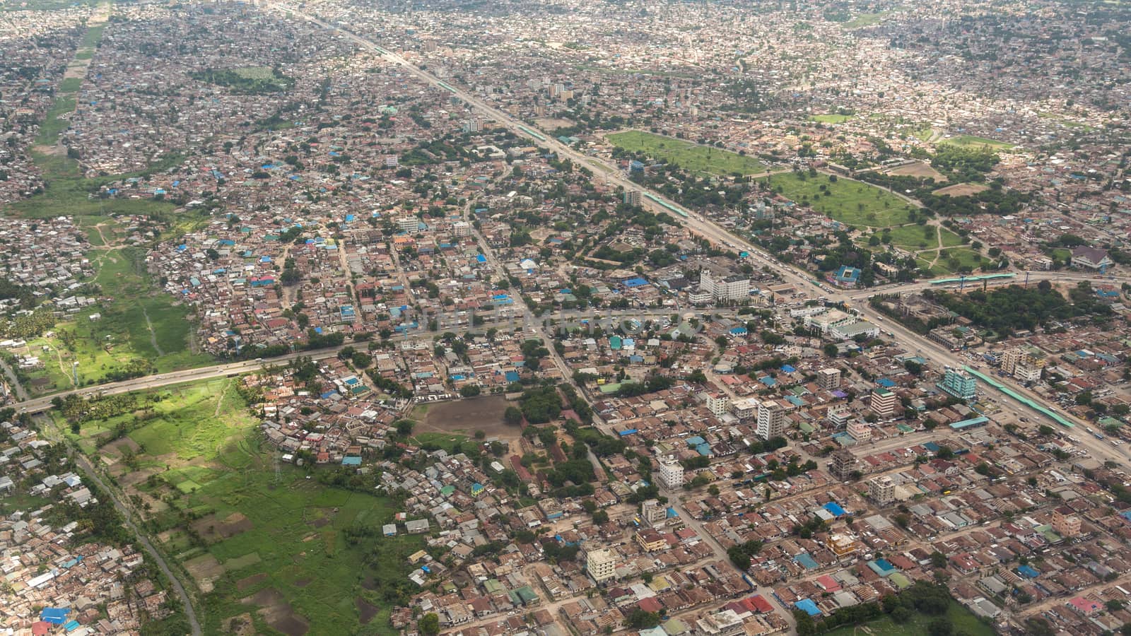 Aerial view of the city of Dar Es Salaam  showing the densely packed houses and  buildings