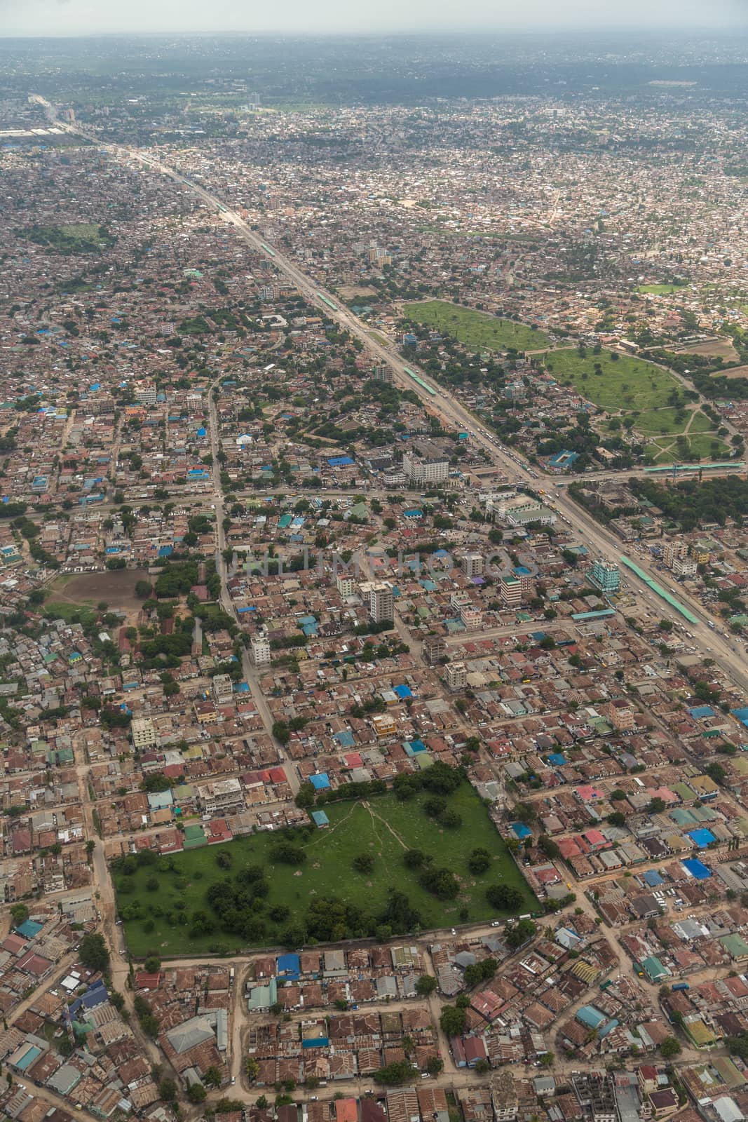 Aerial view of the city of Dar Es Salaam  showing the densely packed houses and  buildings