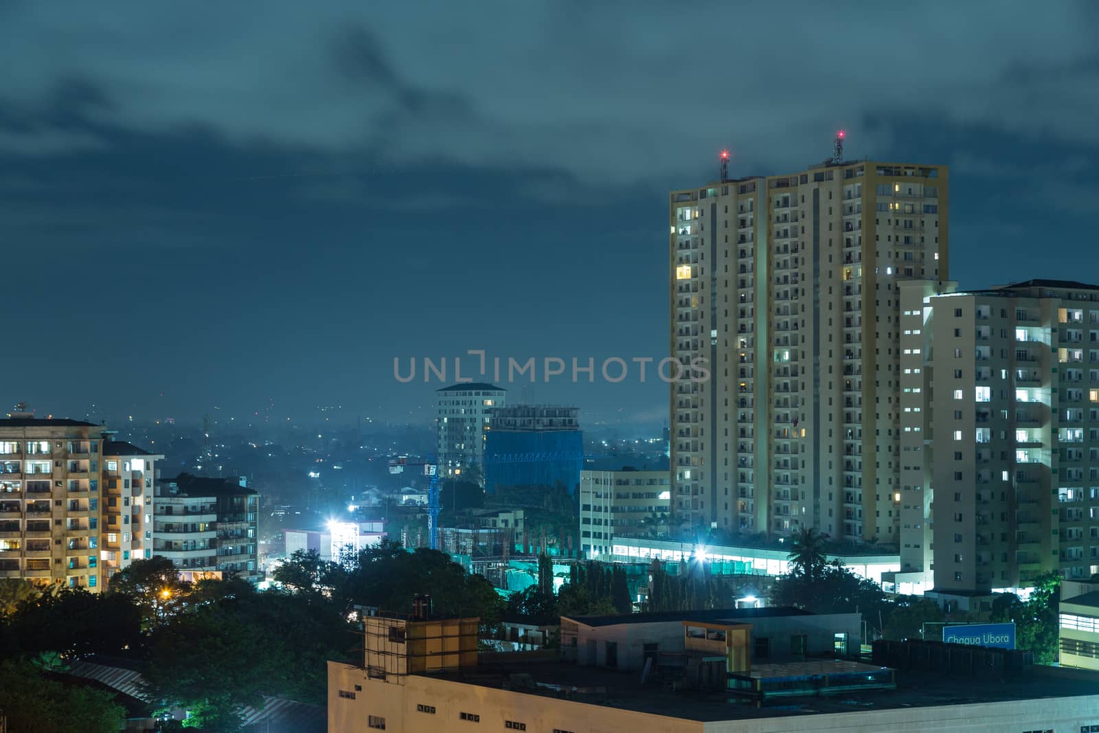 View of the downtown area of the city of Dar Es Salaam, Tanzania, at night