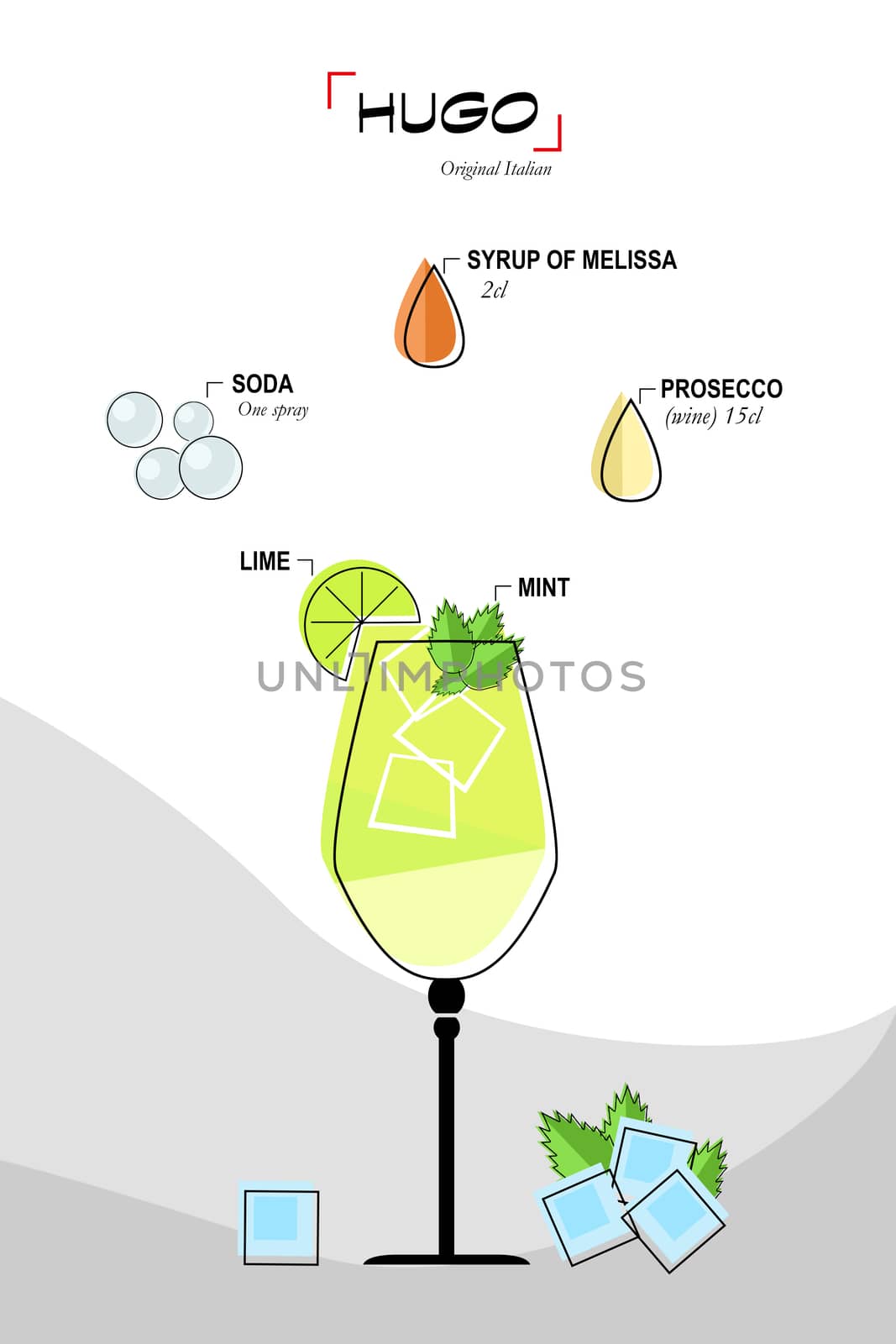 Illustration of cocktail hugo drawn recipe