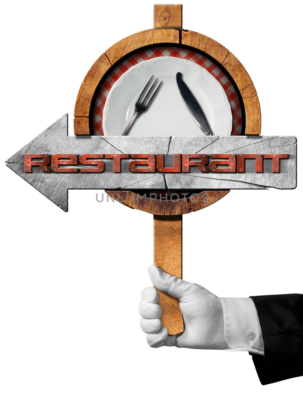 Hand of waiter with white glove holding a pole with directional sign with arrow, white plate, silver cutlery and metallic text restaurant. Isolated on white background