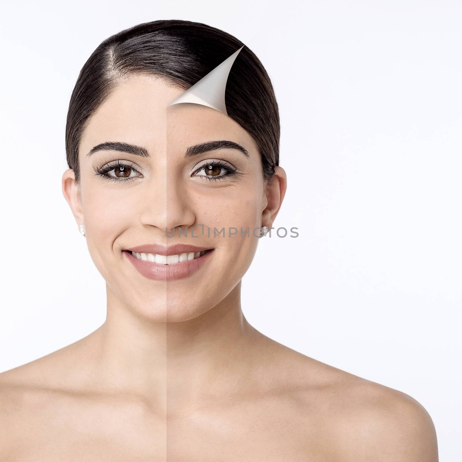 Comparison portrait of a smiling woman without and with makeup