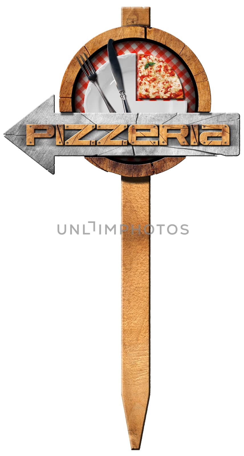 Wooden directional sign with pole, arrow and text pizzeria, white plate with a slice of pizza and silver cutlery. Isolated on white background