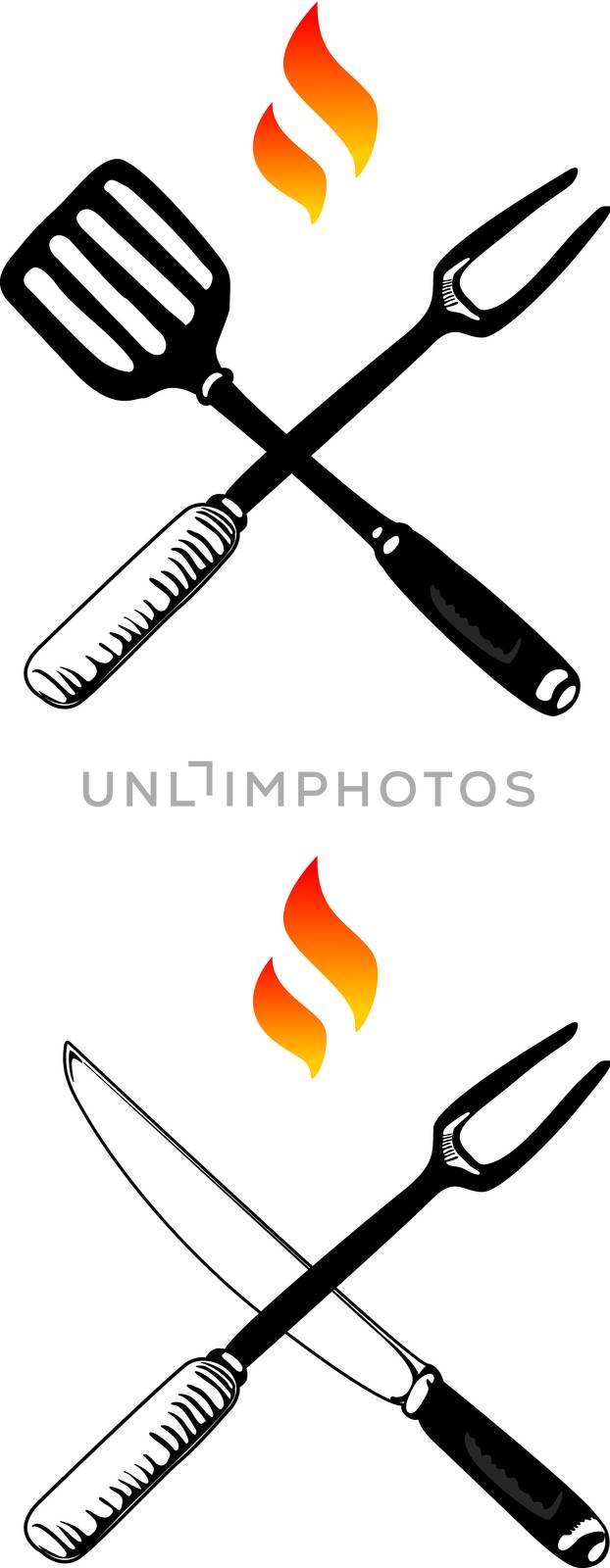 Two symbols of barbecue exemplified as crossed fork and knife, and fork and spatula, with flames above them.