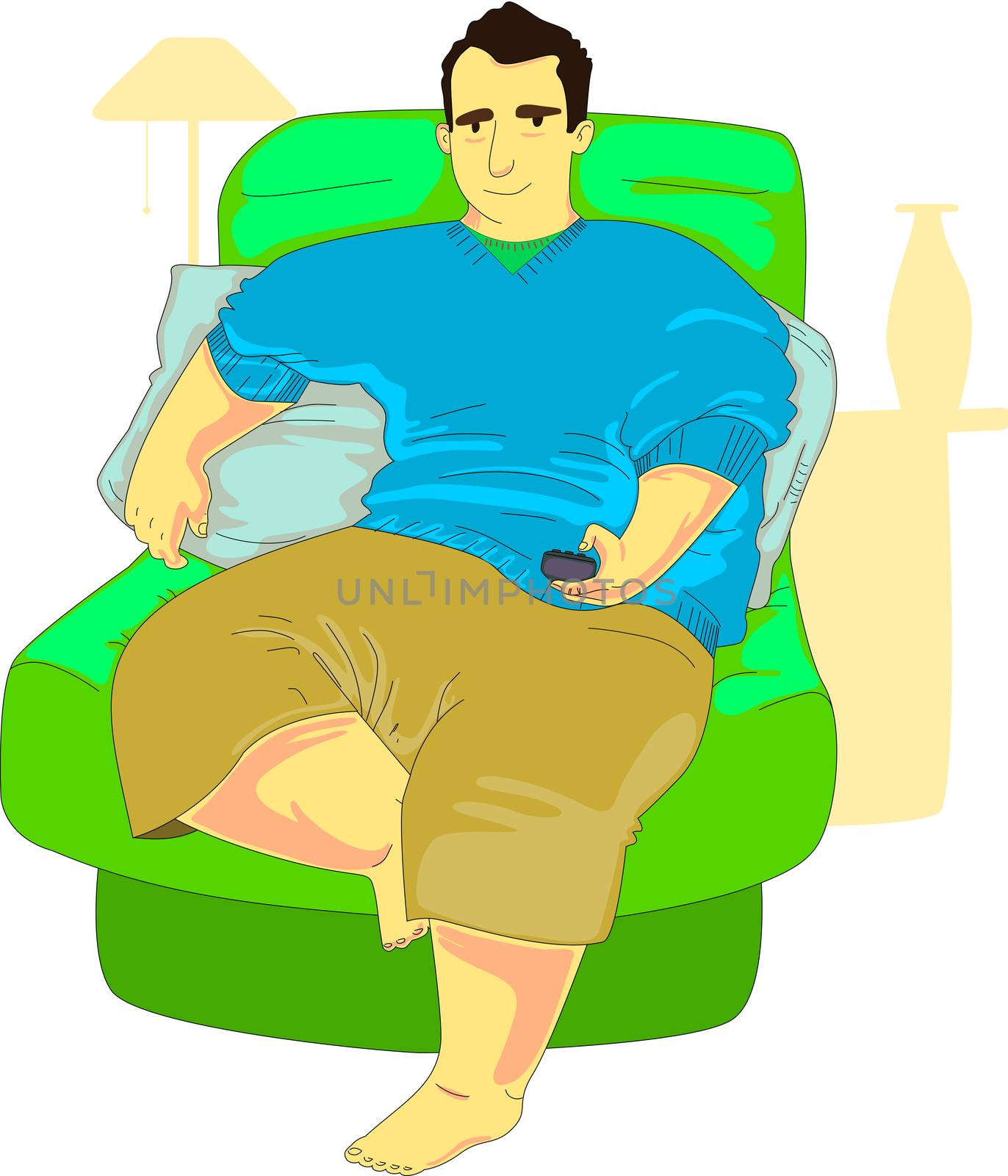 Chubby guy sitting on a stuffed armchair browsing TV in his living room.