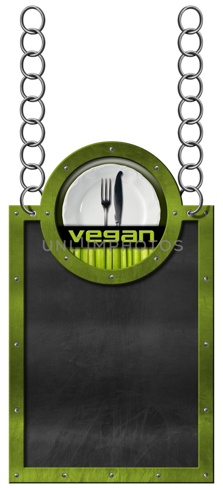 Empty blackboard with metal green frame hanging from a metal chain, vegan symbol with empty white plate and silver cutlery. Isolated on white background