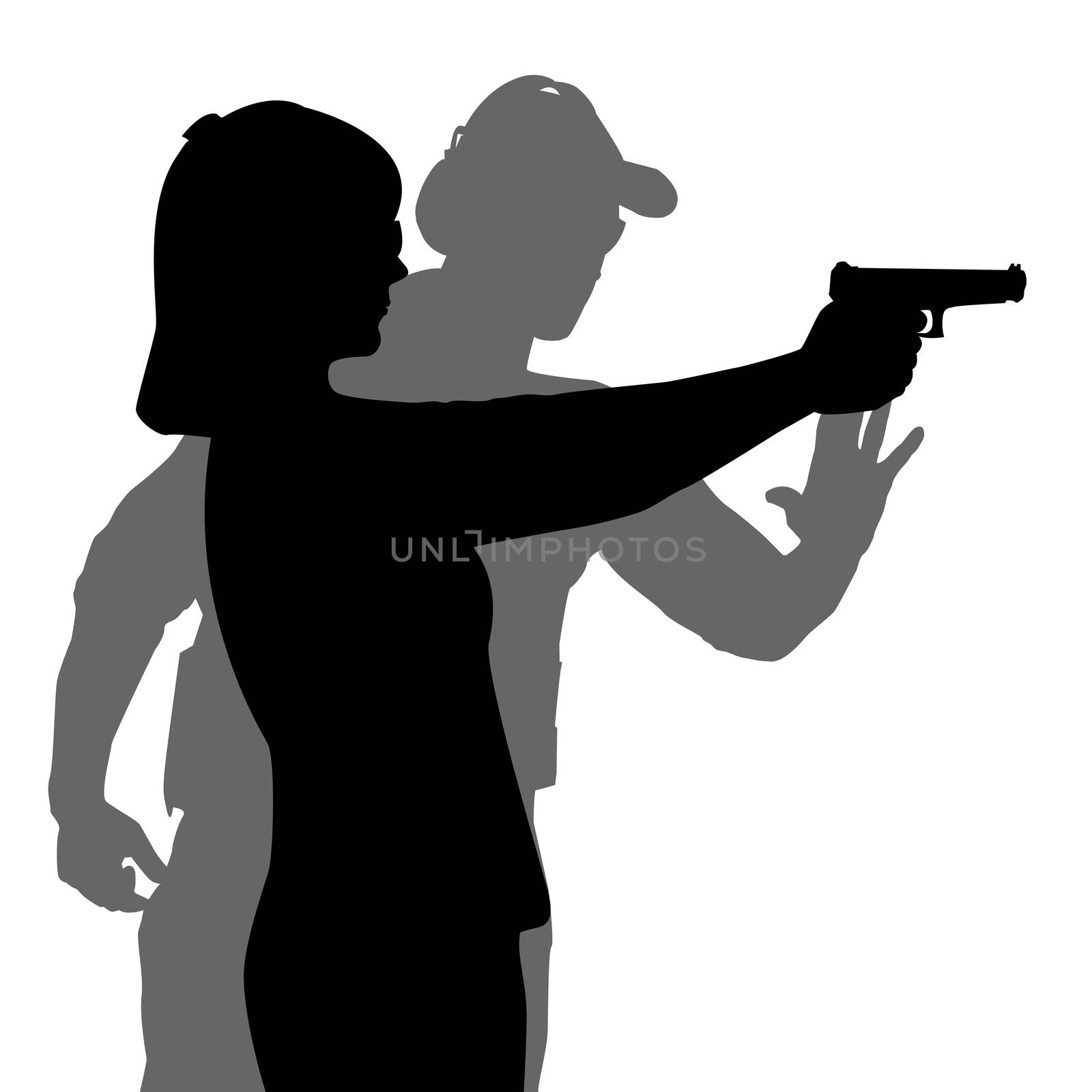 Instructor assisting woman aiming hand gun at firing range by hibrida13