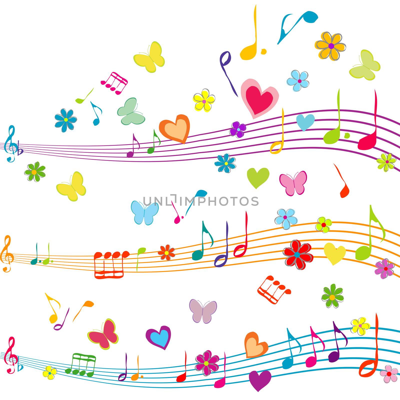 Colorful music design with stave, butterflies, hearts and flower by hibrida13