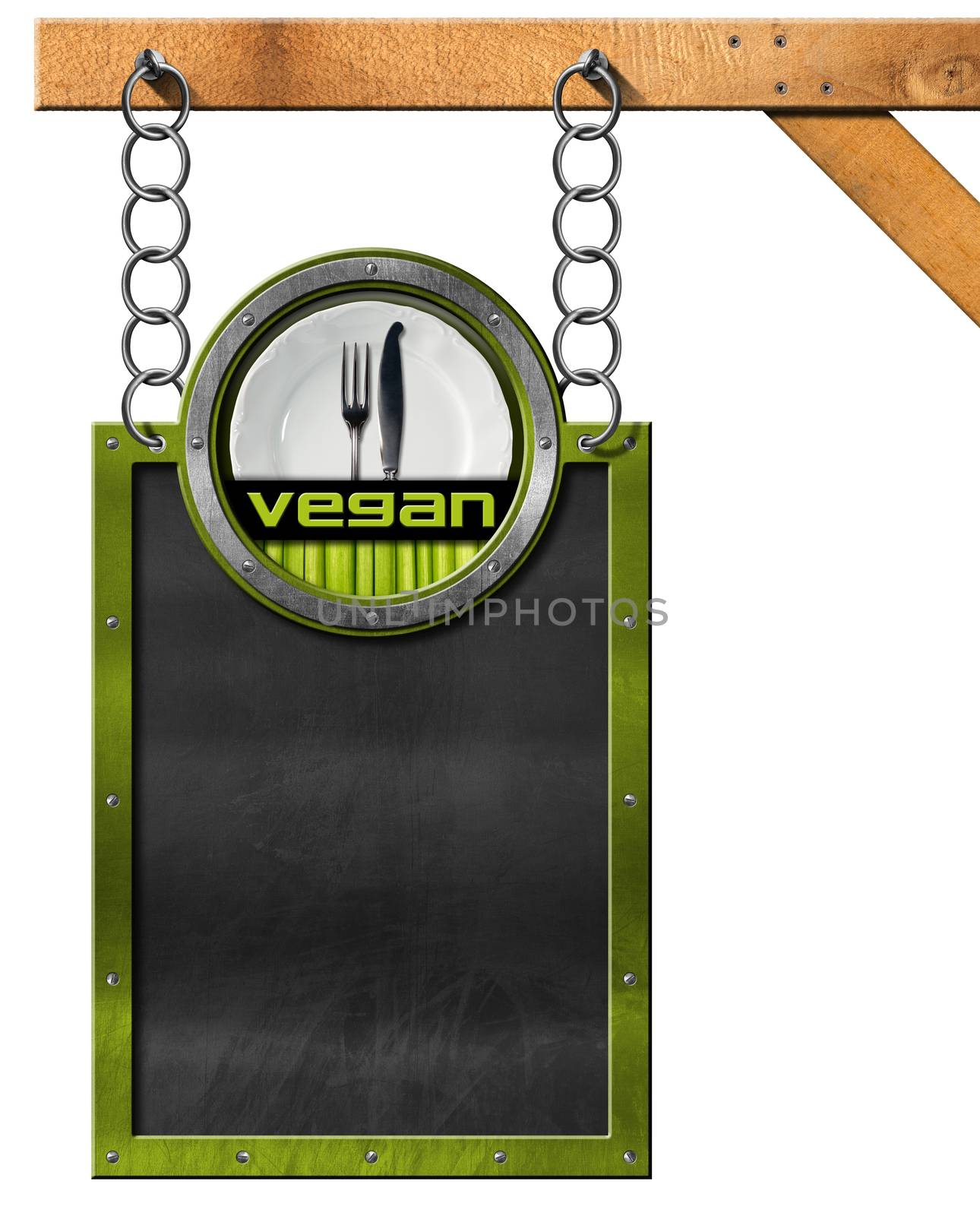 Blackboard with metal frame hanging from a chain on wooden pole, vegan symbol with empty white plate and silver cutlery. Isolated on white background