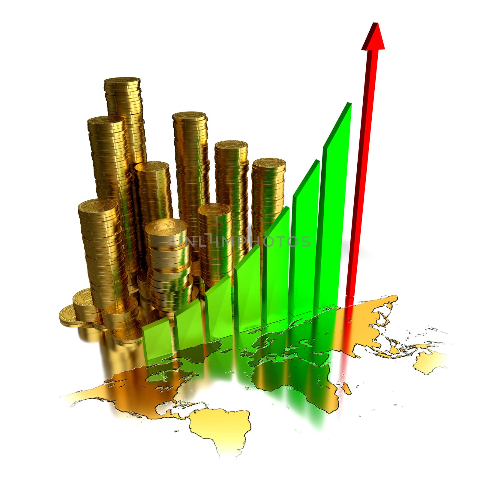 Business Char, gold coins and world map over white