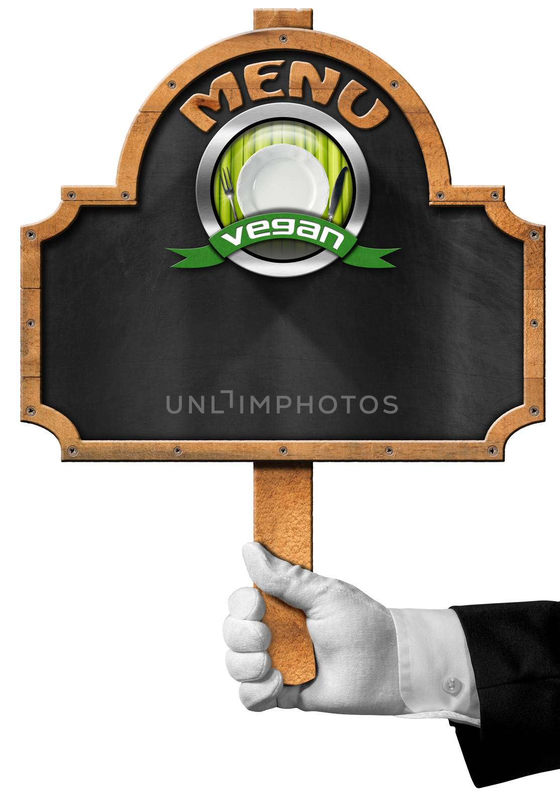 Hand of waiter with white glove holding a pole with empty blackboard, vegan symbol with empty white plate and silver cutlery. Isolated on white background